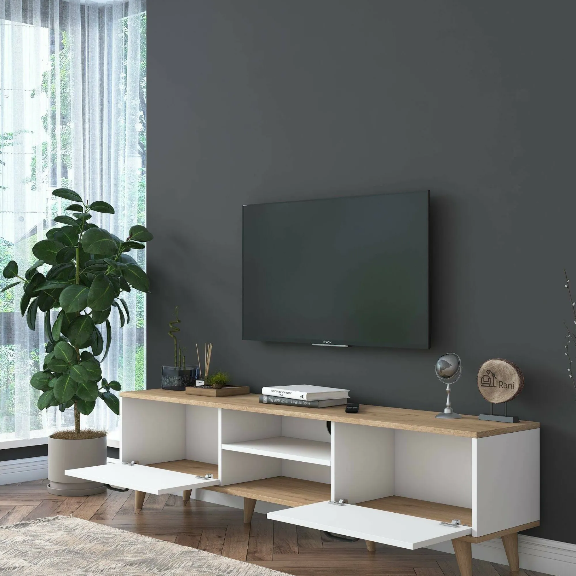 Mobile porta TV Daba, 180x35h49 cm, Bianco e Noce<Dmora Cheap