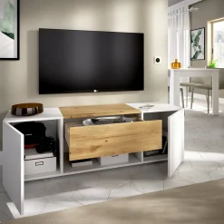 Mobile porta TV Dacciar, 138x35h45 cm, Bianco e Rovere Nodi<Dmora Best Sale