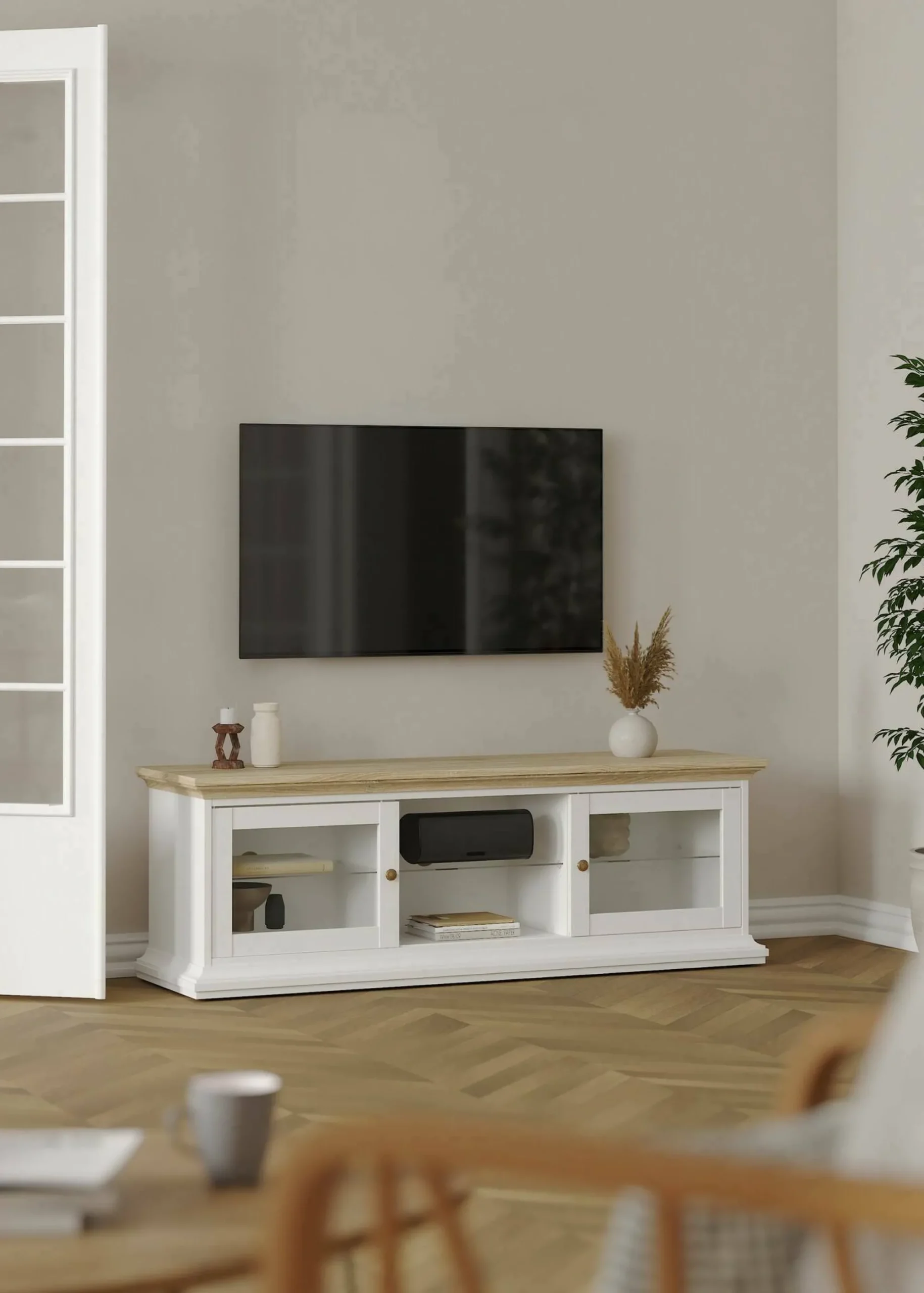 Mobile porta TV Damrey, 149x42 h51 cm, Bianco e Quercia<Dmora Hot