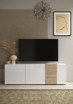 Mobile porta TV Dbrow, 181x44 h59 cm, Bianco lucido e Rovere<Dmora Sale