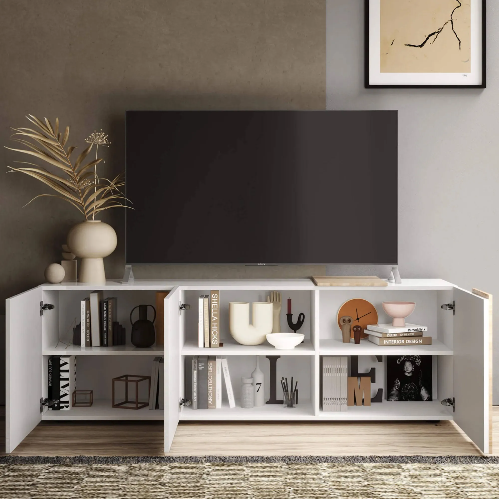 Mobile porta TV Dbrow, 181x44 h59 cm, Bianco lucido e Rovere<Dmora Sale