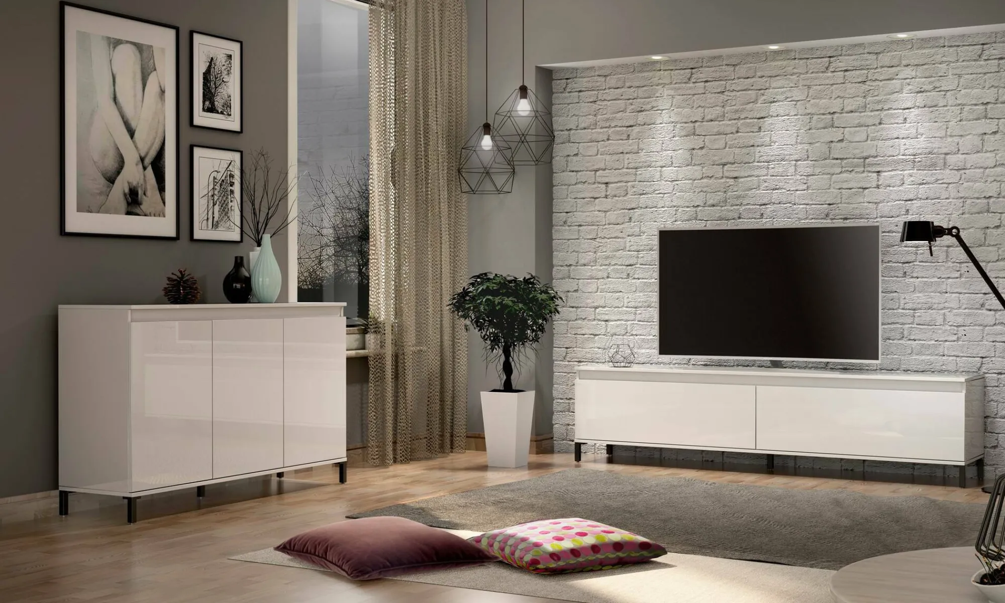 Mobile porta TV Dcarisson, 200x40h50 cm, Bianco lucido e Antracite<Dmora Cheap