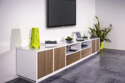 Mobile porta TV Dleott, cm 260x41h46, Bianco lucido e Noce<Dmora Clearance