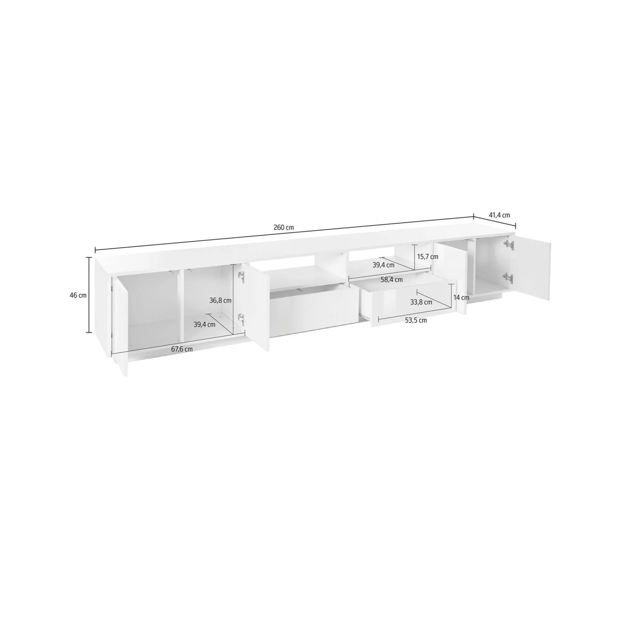 Mobile porta TV Dleott, cm 260x41h46, Bianco lucido e Noce<Dmora Clearance
