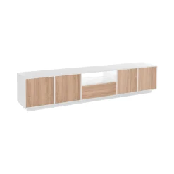 Mobile porta TV Dlepor, cm 220x41h46, Bianco lucido e Noce<Dmora Cheap