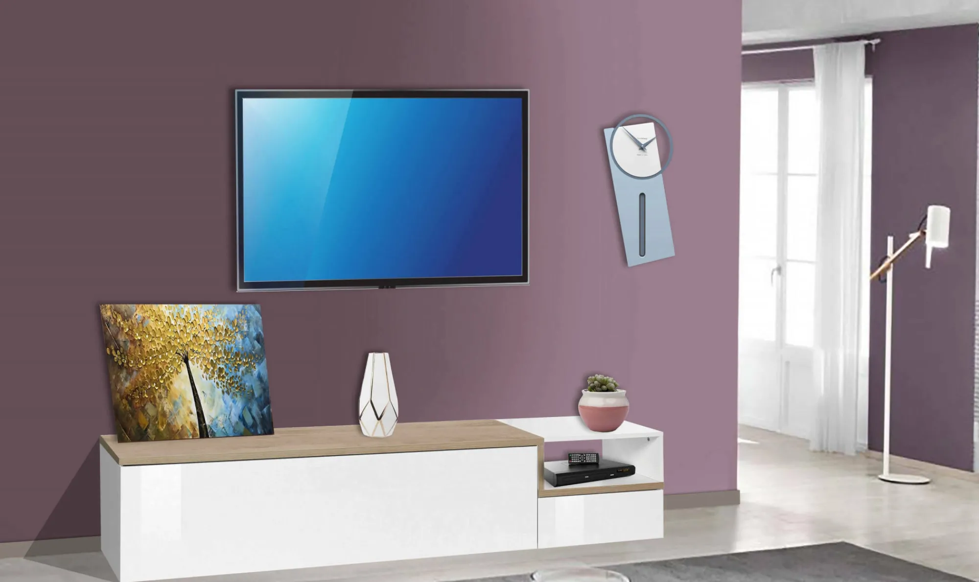 Mobile porta TV Dma, cm 200x40h49, Bianco lucido e Acero<Dmora Best