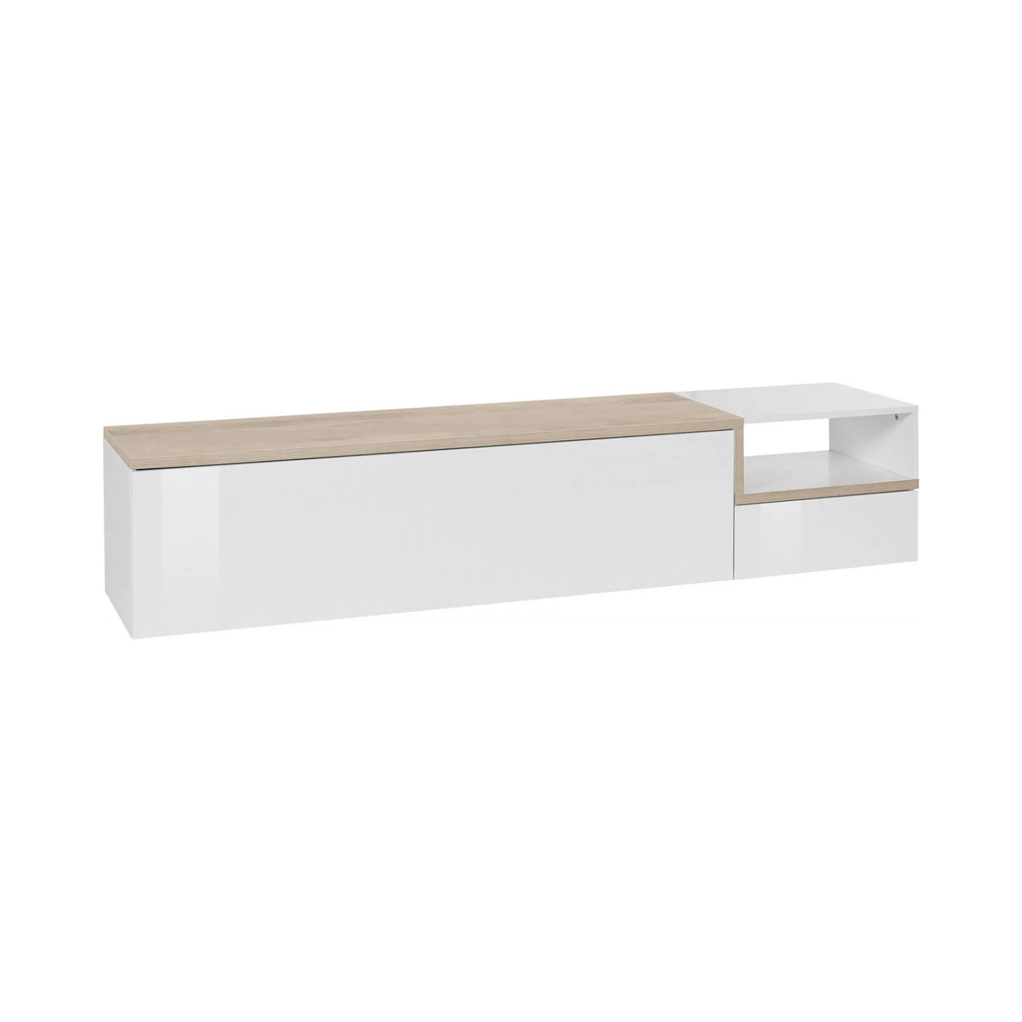 Mobile porta TV Dma, cm 200x40h49, Bianco lucido e Acero<Dmora Best