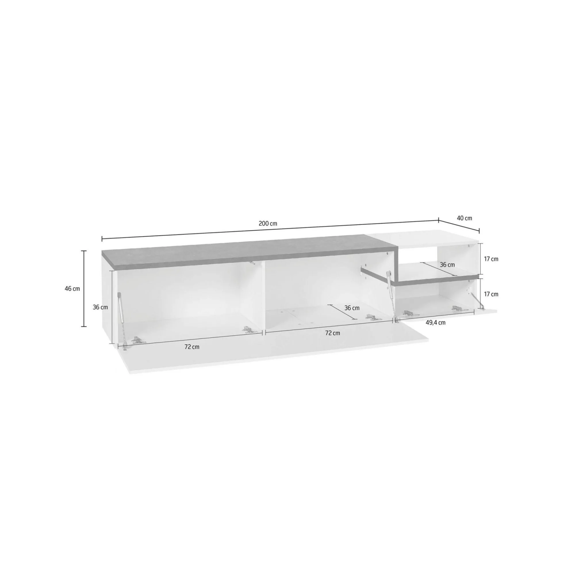 Mobile porta TV Dma, cm 200x40h49, Bianco lucido e Ardesia<Dmora Hot