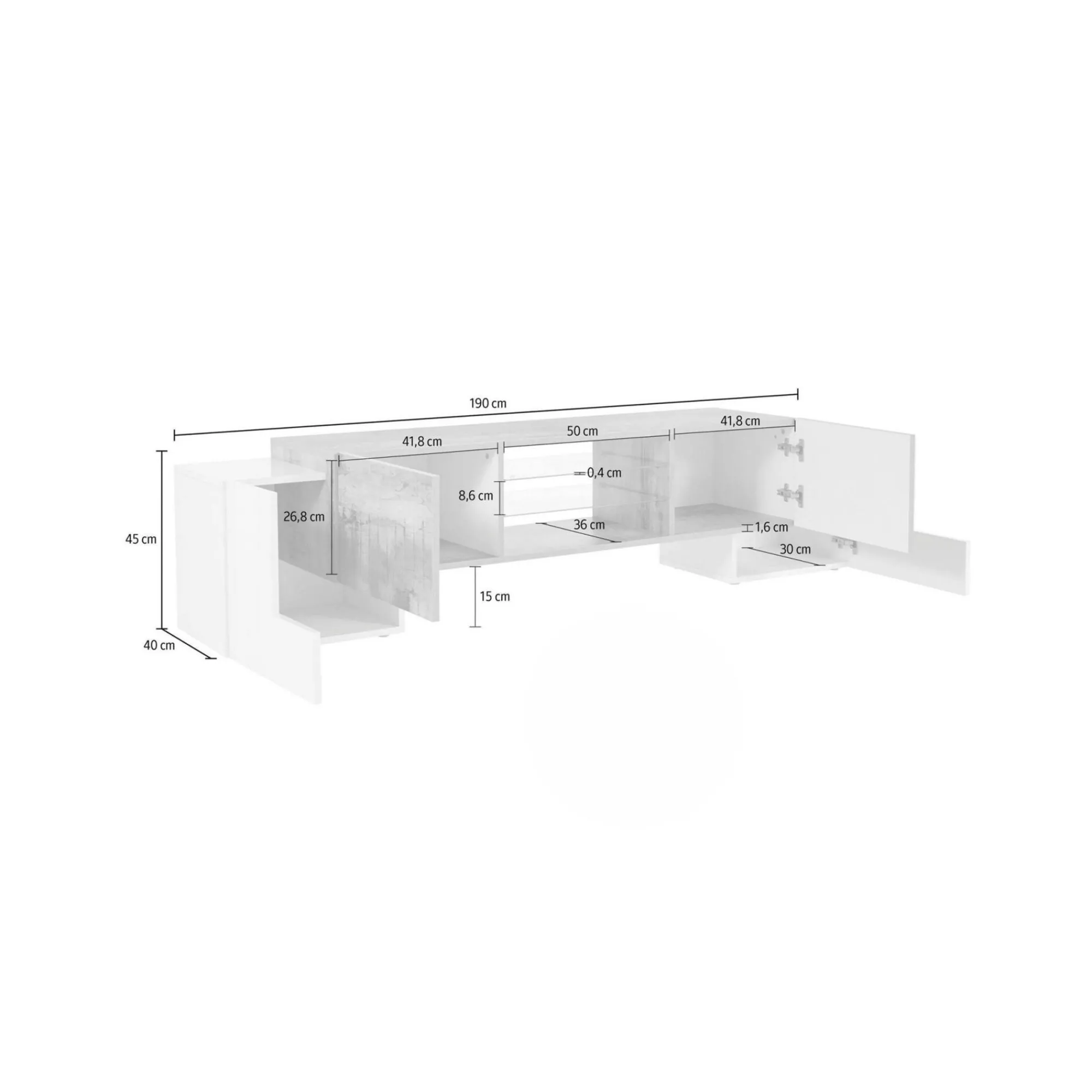 Mobile porta TV Dmartin, cm 190x45h45, Bianco lucido e Ardesia<Dmora Hot