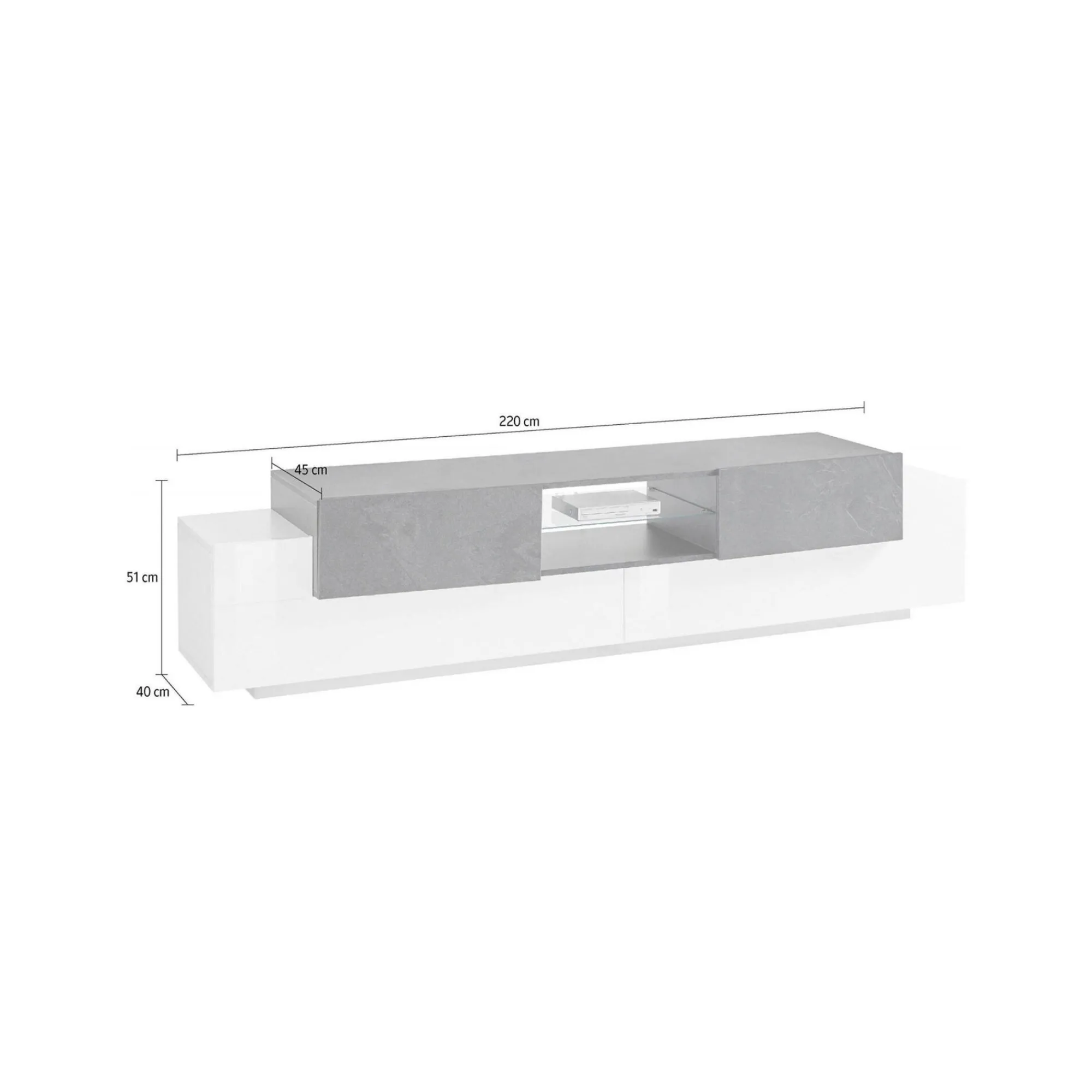 Mobile porta TV Dmusso, cm 220x45h51, Bianco lucido e Ardesia<Dmora Cheap