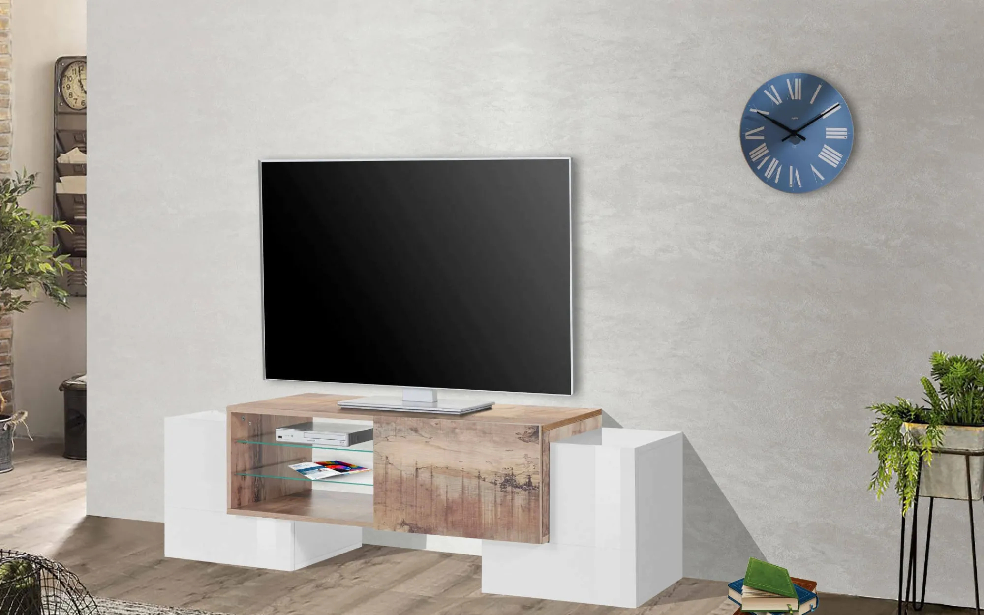 Mobile porta TV Dpalumb, cm 150x45h45, Bianco lucido e Acero<Dmora Sale