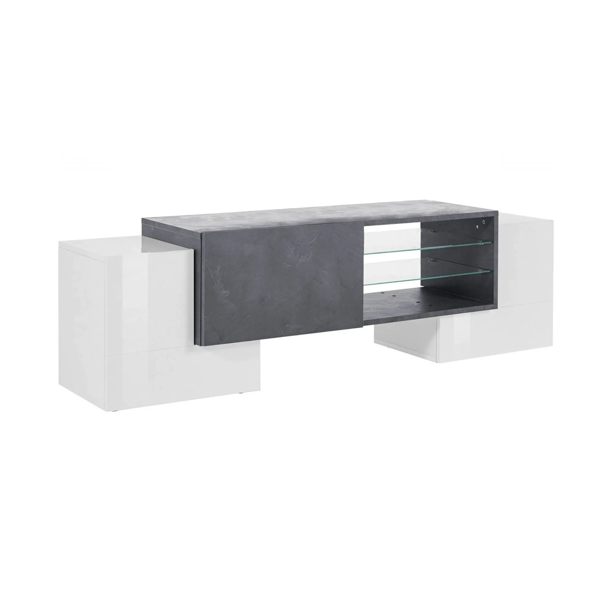 Mobile porta TV Dpalumb, cm 150x45h45, Bianco lucido e Ardesia<Dmora Discount