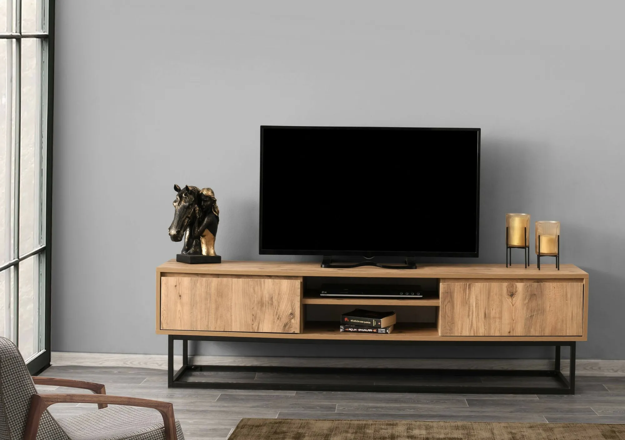 Mobile porta TV Dpirol, Nero e Quercia, 180x40h50 cm<Dmora Flash Sale