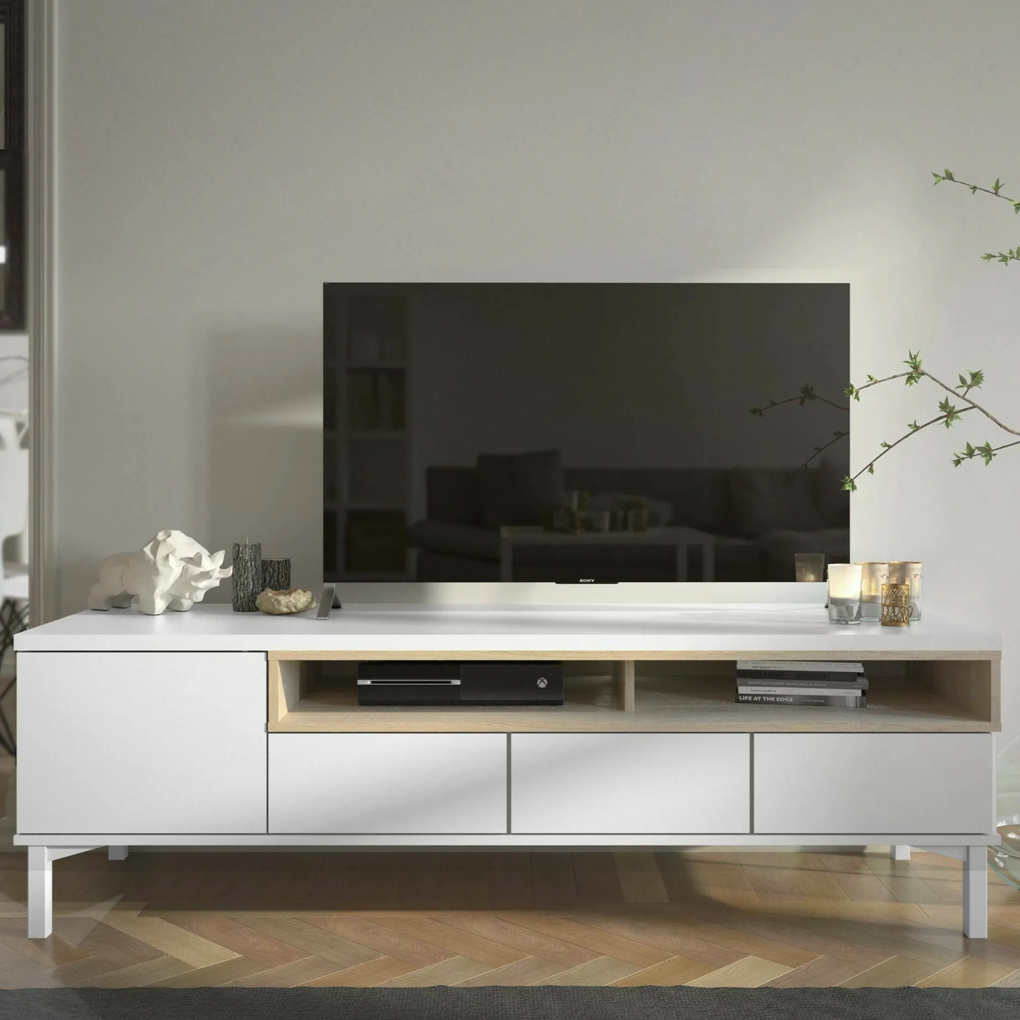 Mobile porta TV Dtoffani, 48x156 h48 cm, Bianco e Quercia<Dmora Discount
