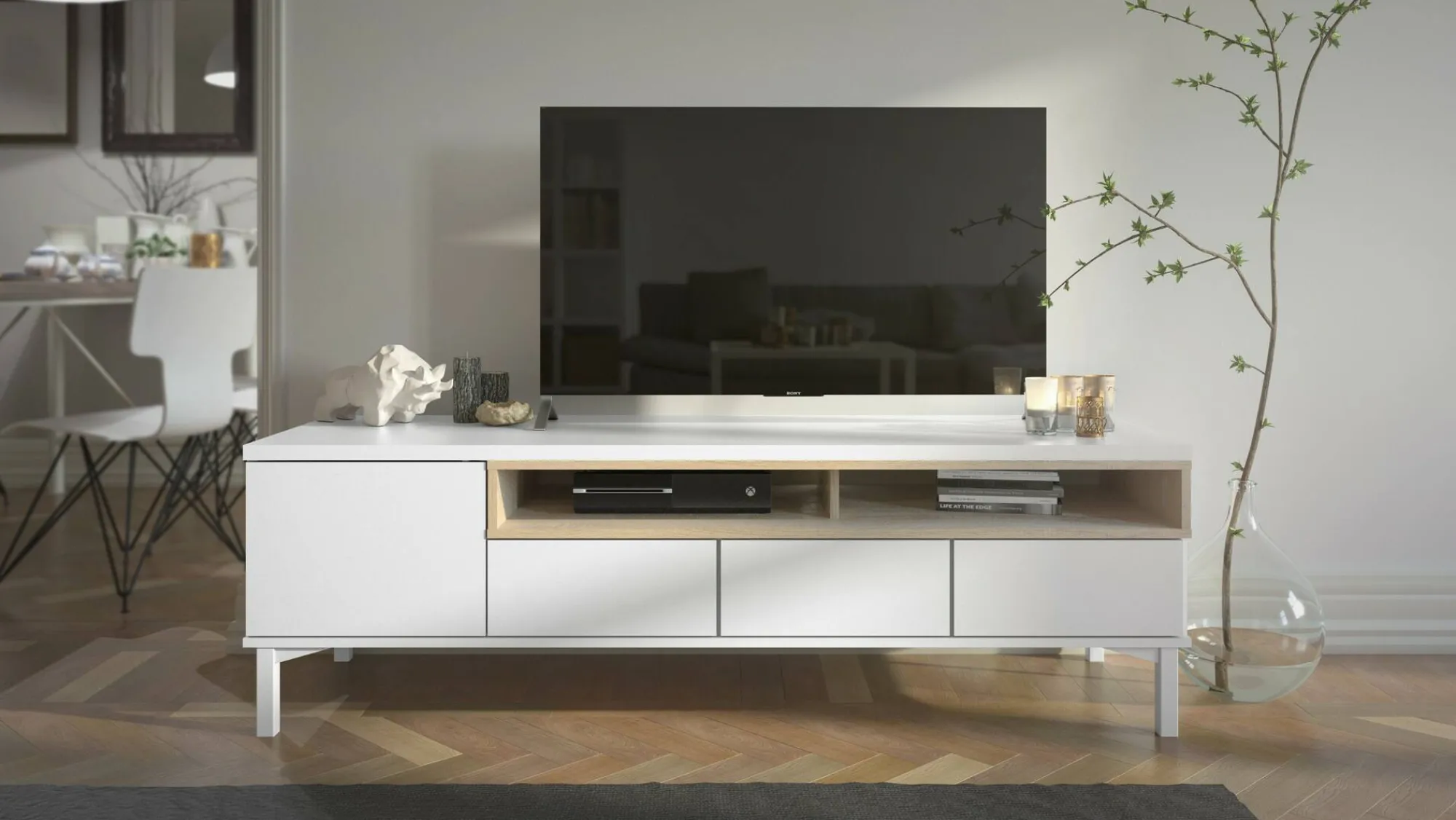 Mobile porta TV Dtoffani, 48x156 h48 cm, Bianco e Quercia<Dmora Discount