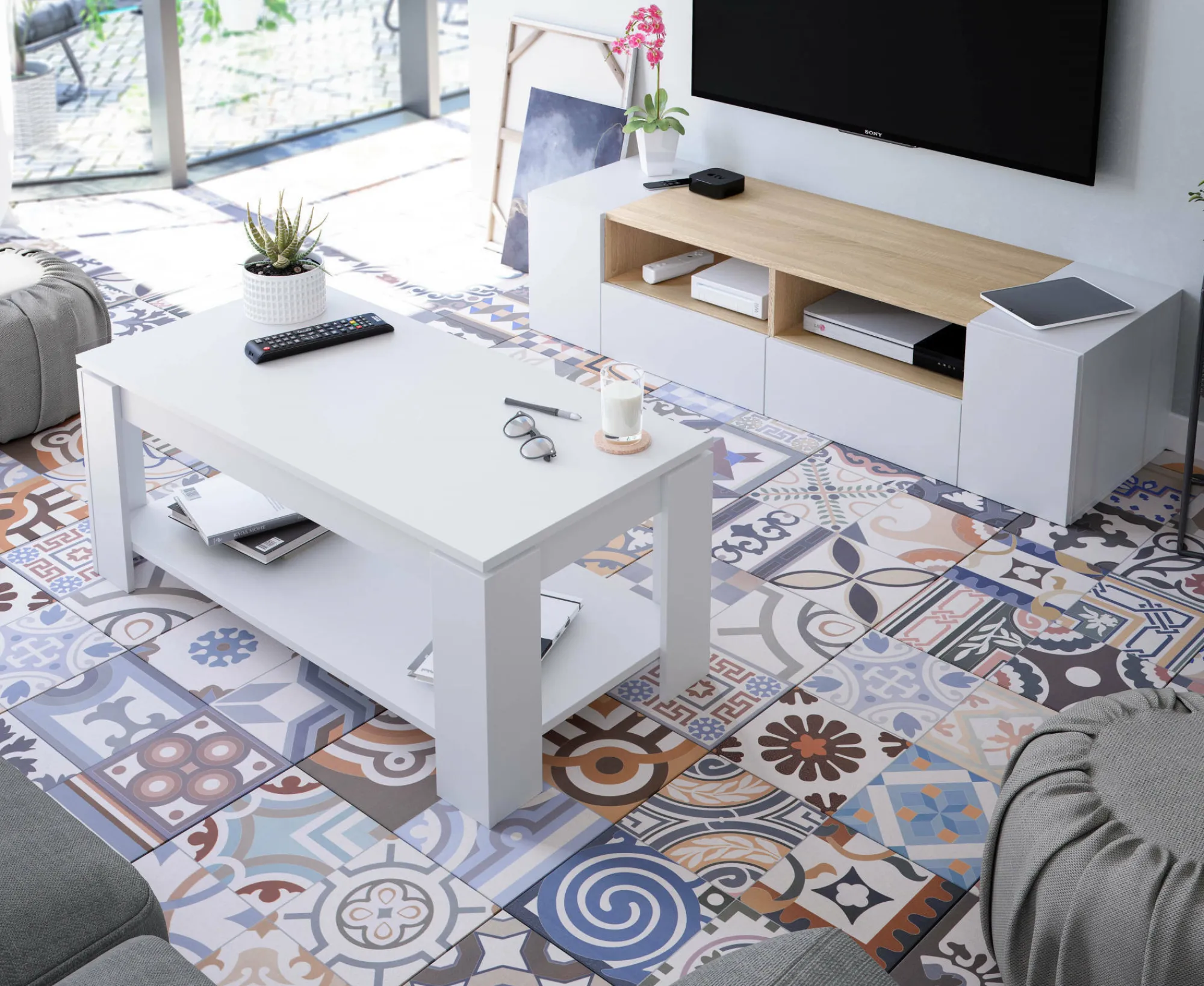 Mobile porta TV Ebe, 138x42h36 cm, Bianco e Rovere<Dmora Cheap