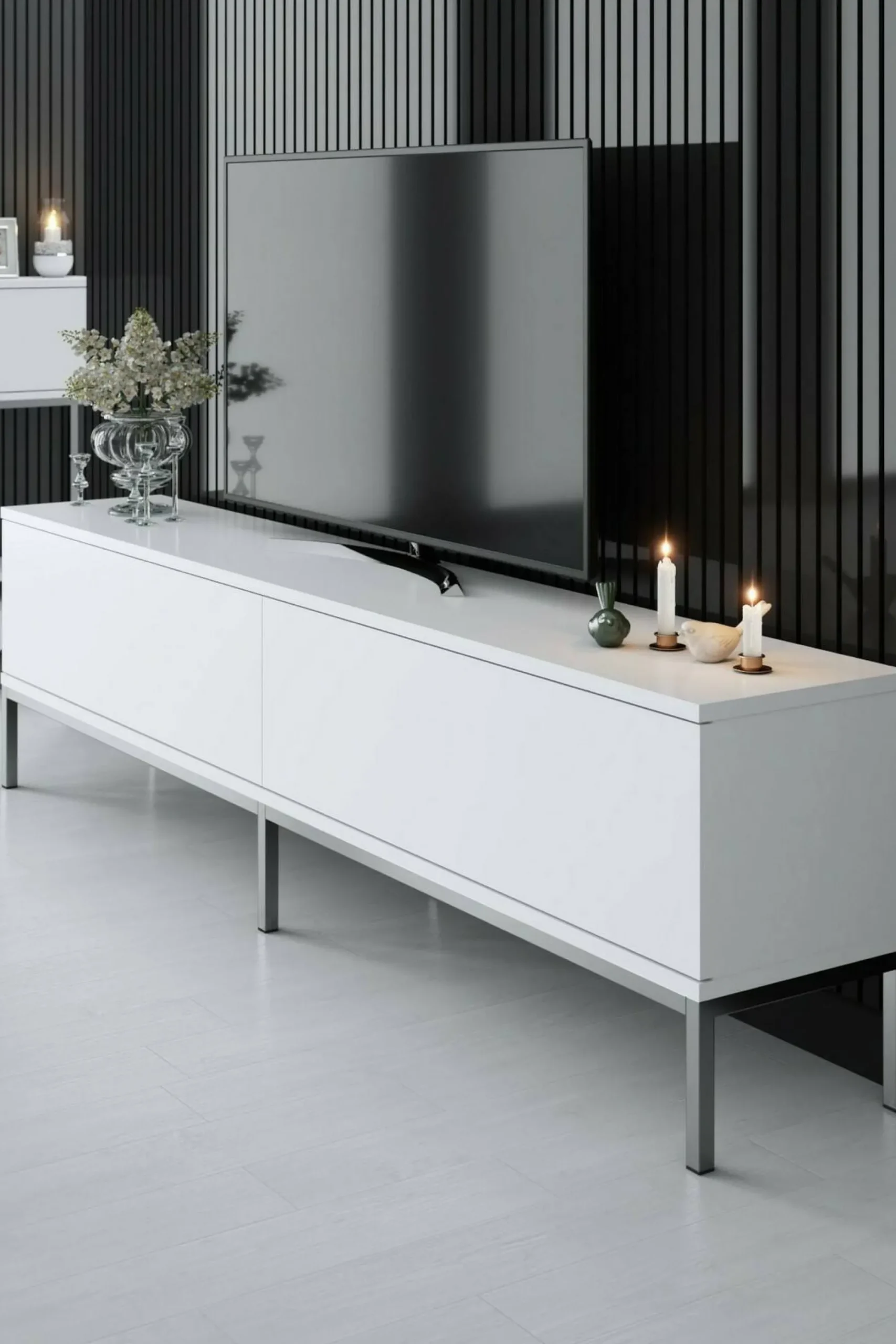 Mobile porta TV Espero, 180x30h47 cm, Bianco e Argento<Dmora Outlet