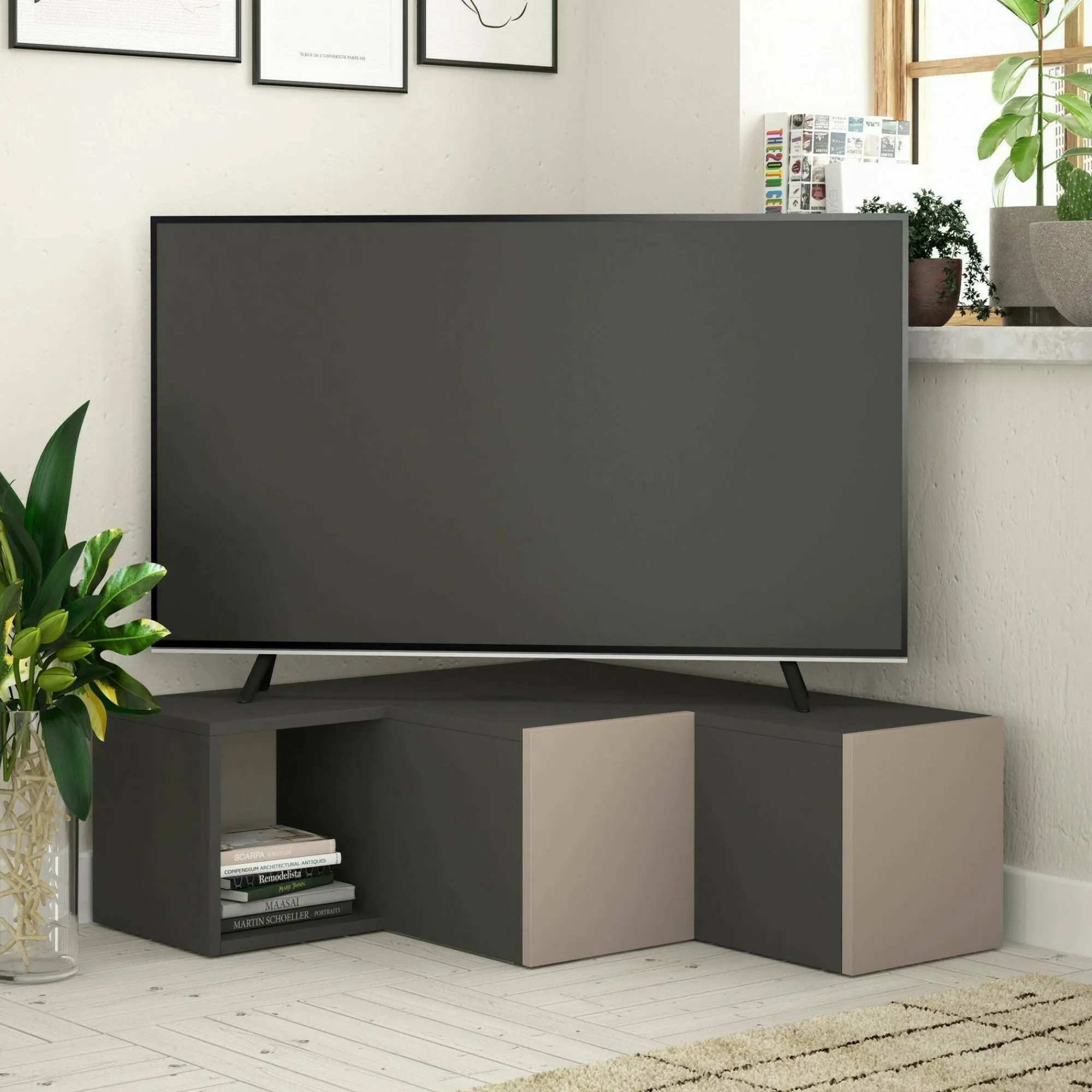 Mobile porta TV Fiorenza, 90x92h32 cm, Antracite e Beige<Dmora Outlet
