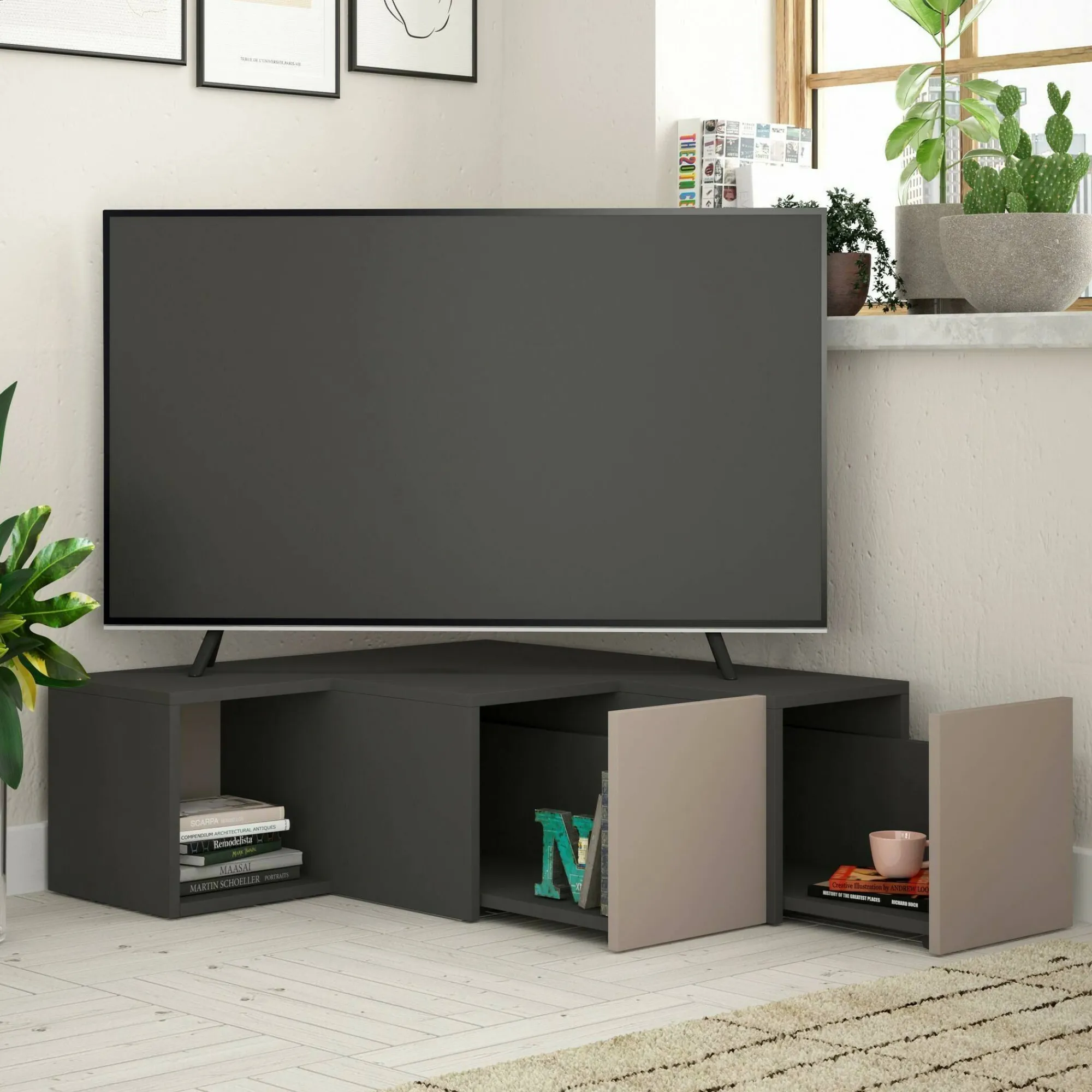 Mobile porta TV Fiorenza, 90x92h32 cm, Antracite e Beige<Dmora Outlet
