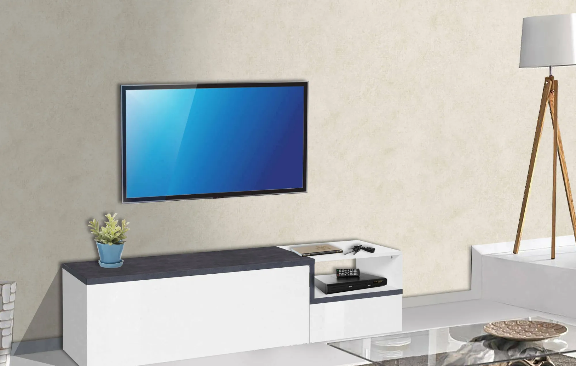 Mobile porta TV Fluorite, cm 160x40h46, Bianco lucido e Ardesia<Dmora Shop