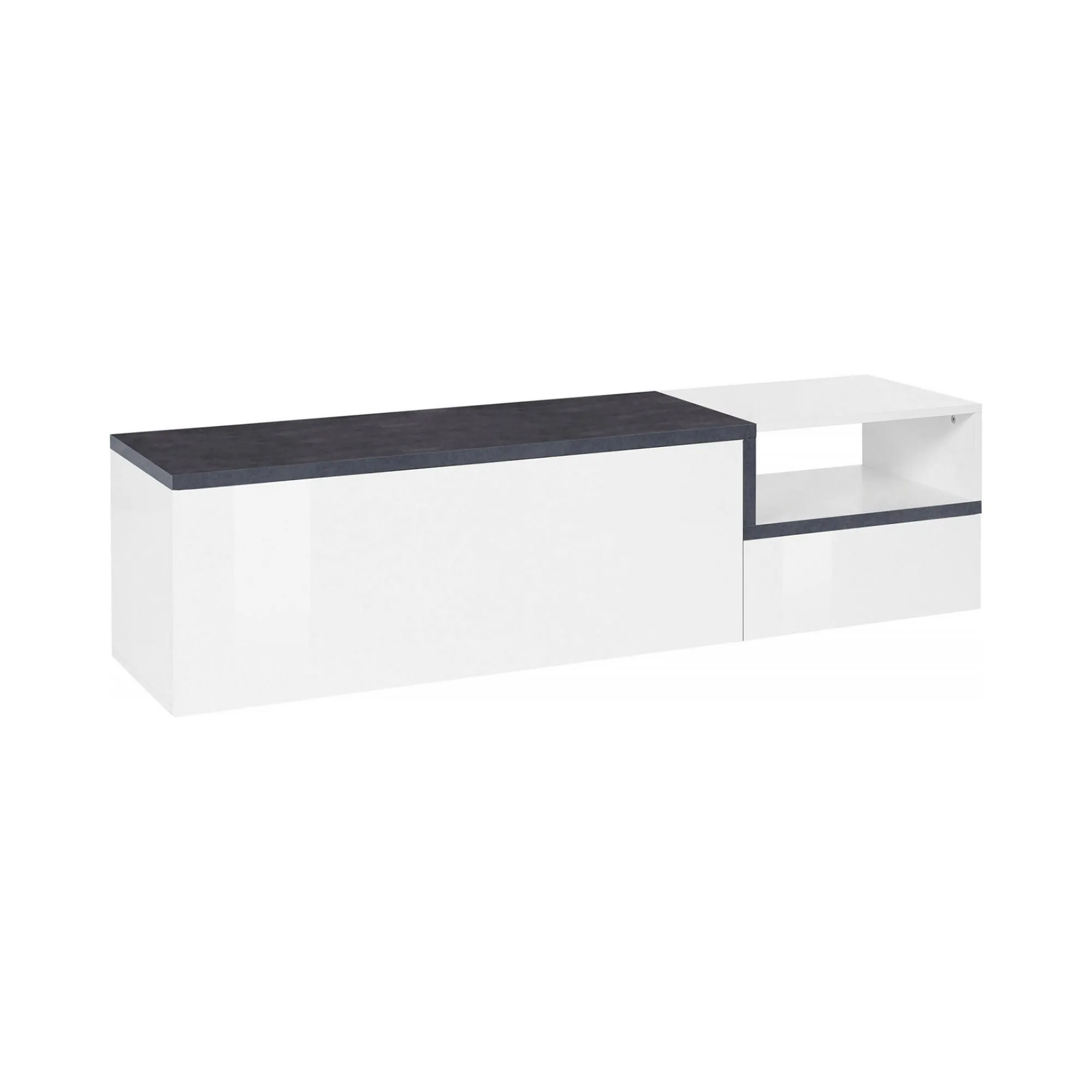 Mobile porta TV Fluorite, cm 160x40h46, Bianco lucido e Ardesia<Dmora Shop