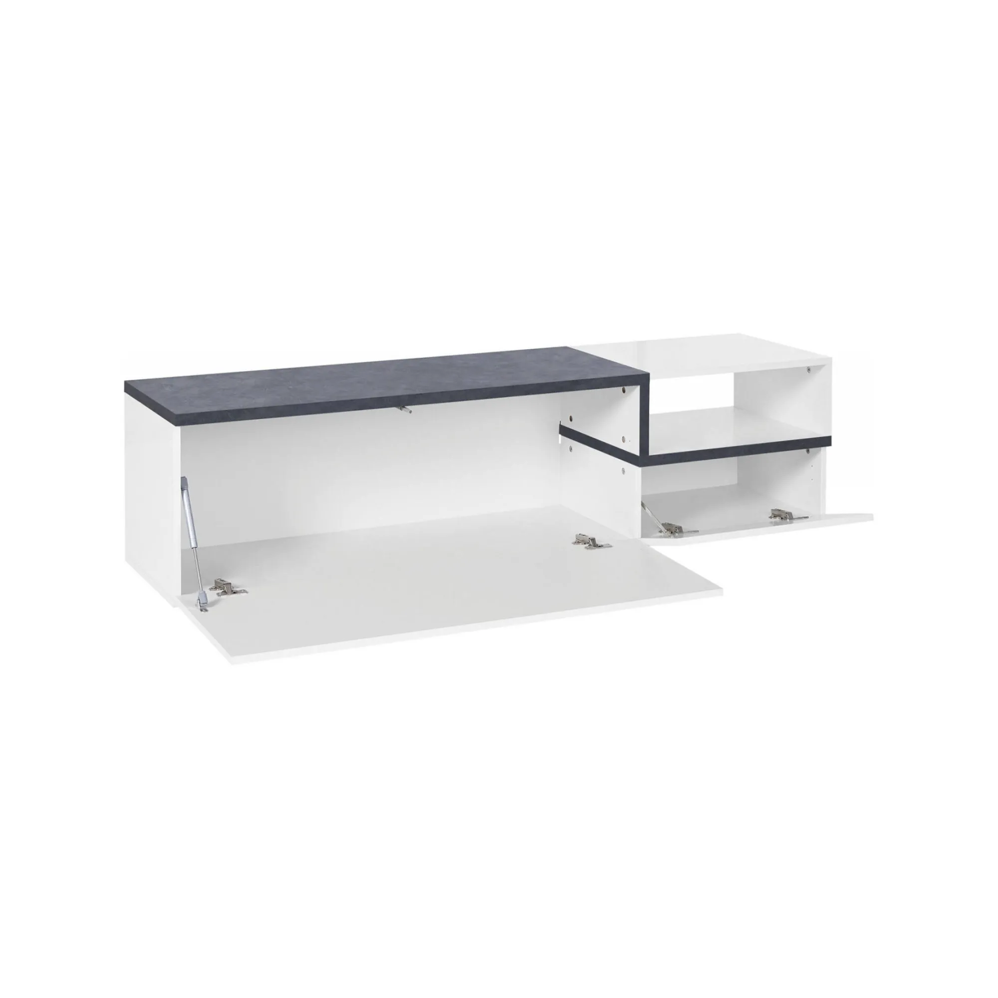 Mobile porta TV Fluorite, cm 160x40h46, Bianco lucido e Ardesia<Dmora Shop