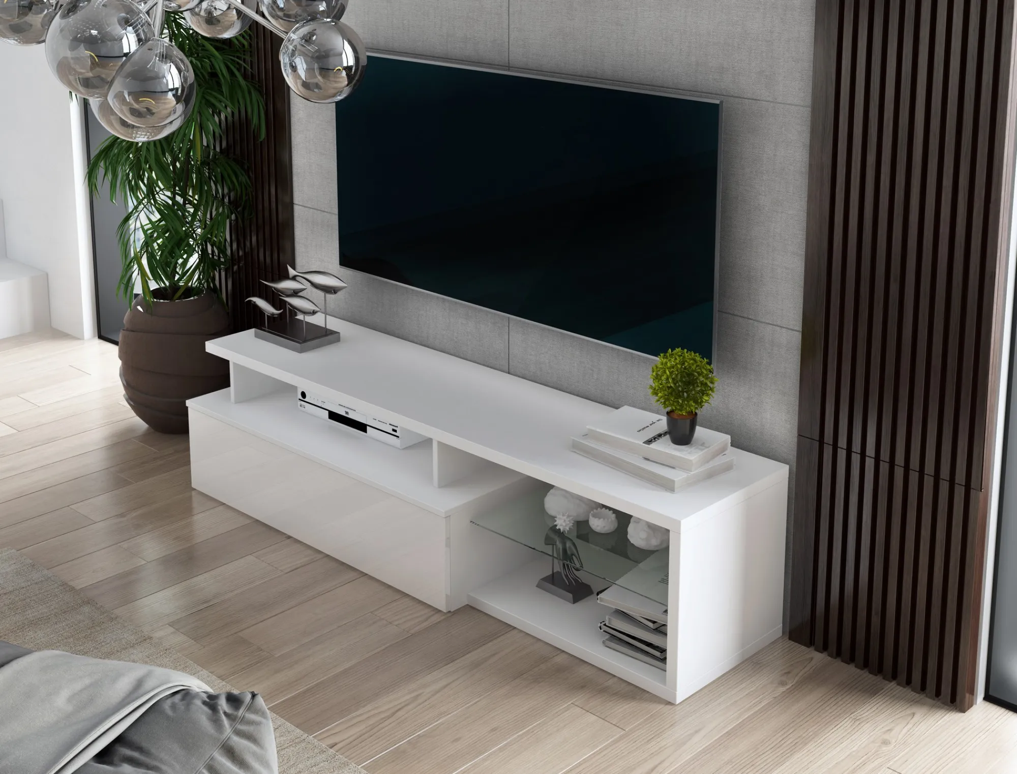 Mobile porta TV Gisella, 160x38h41 cm, Bianco e Bianco lucido<Dmora Online