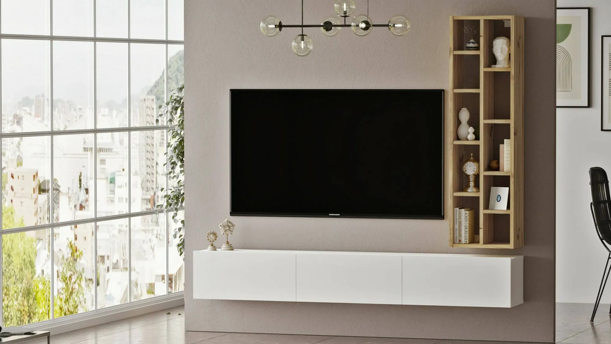 Mobile porta TV Giusi, 175x27h25 cm, Quercia e Bianco<Dmora Discount