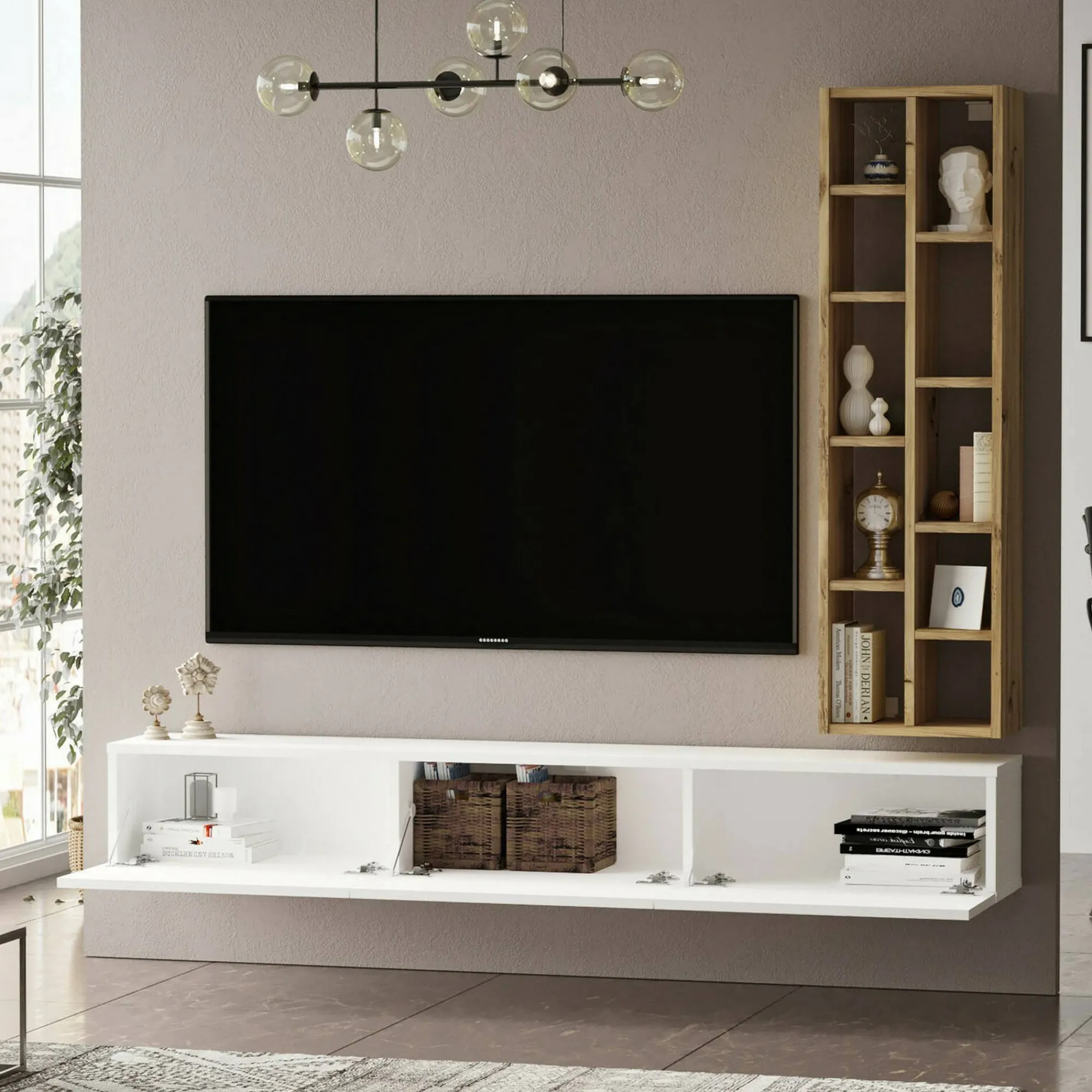 Mobile porta TV Giusi, 175x27h25 cm, Quercia e Bianco<Dmora Discount