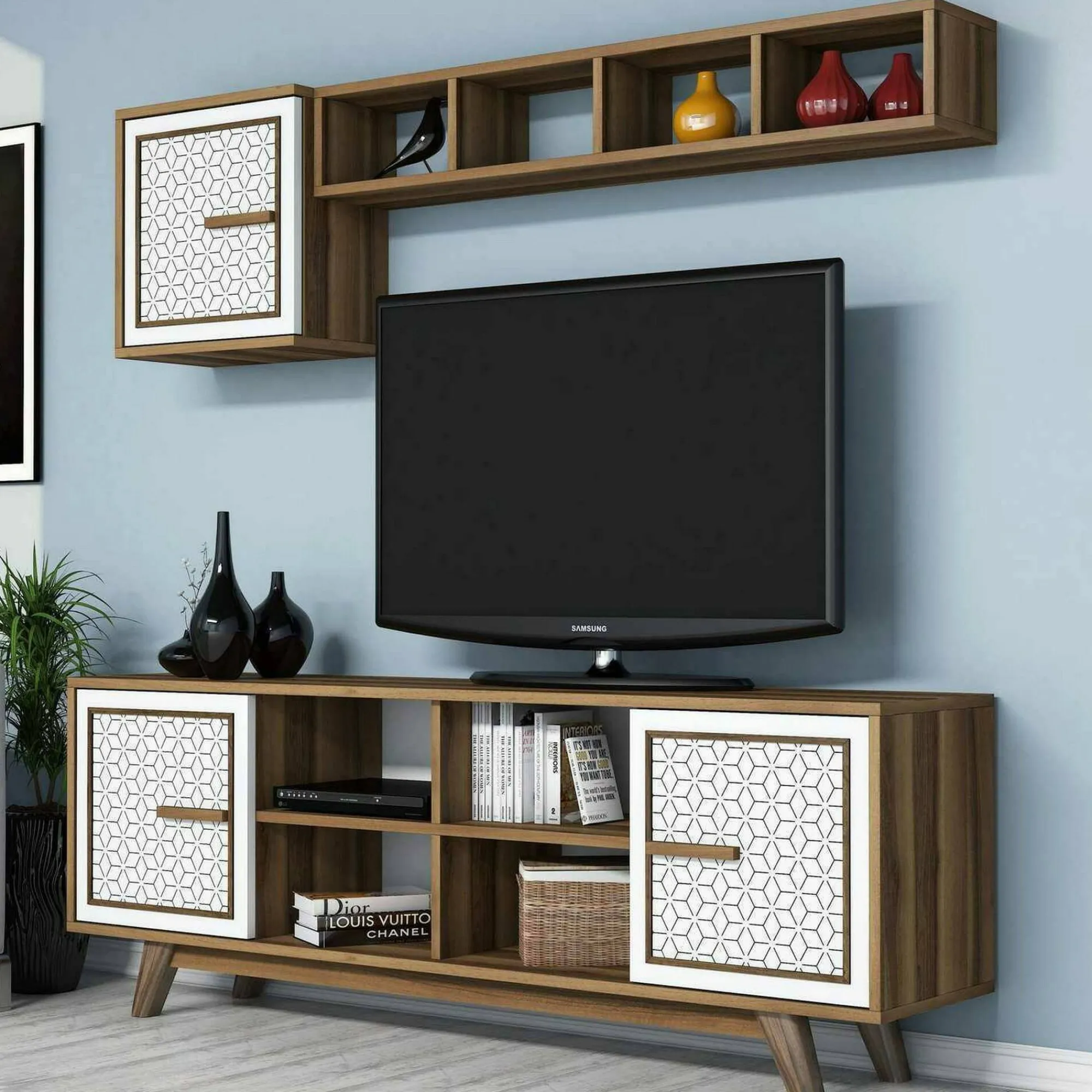 Mobile porta TV Guendalina, 160x35h56 cm, Noce e Bianco<Dmora Online
