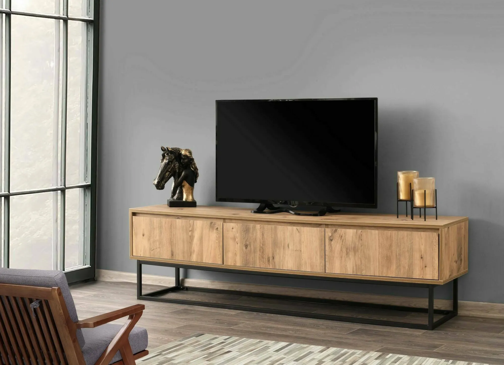 Mobile porta TV Ignazia, Quercia e Nero, 180x40h50 cm<Dmora Cheap