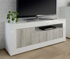Mobile porta TV Iole, 138x42 h56 cm, Bianco lucido e Acacia<Dmora Online