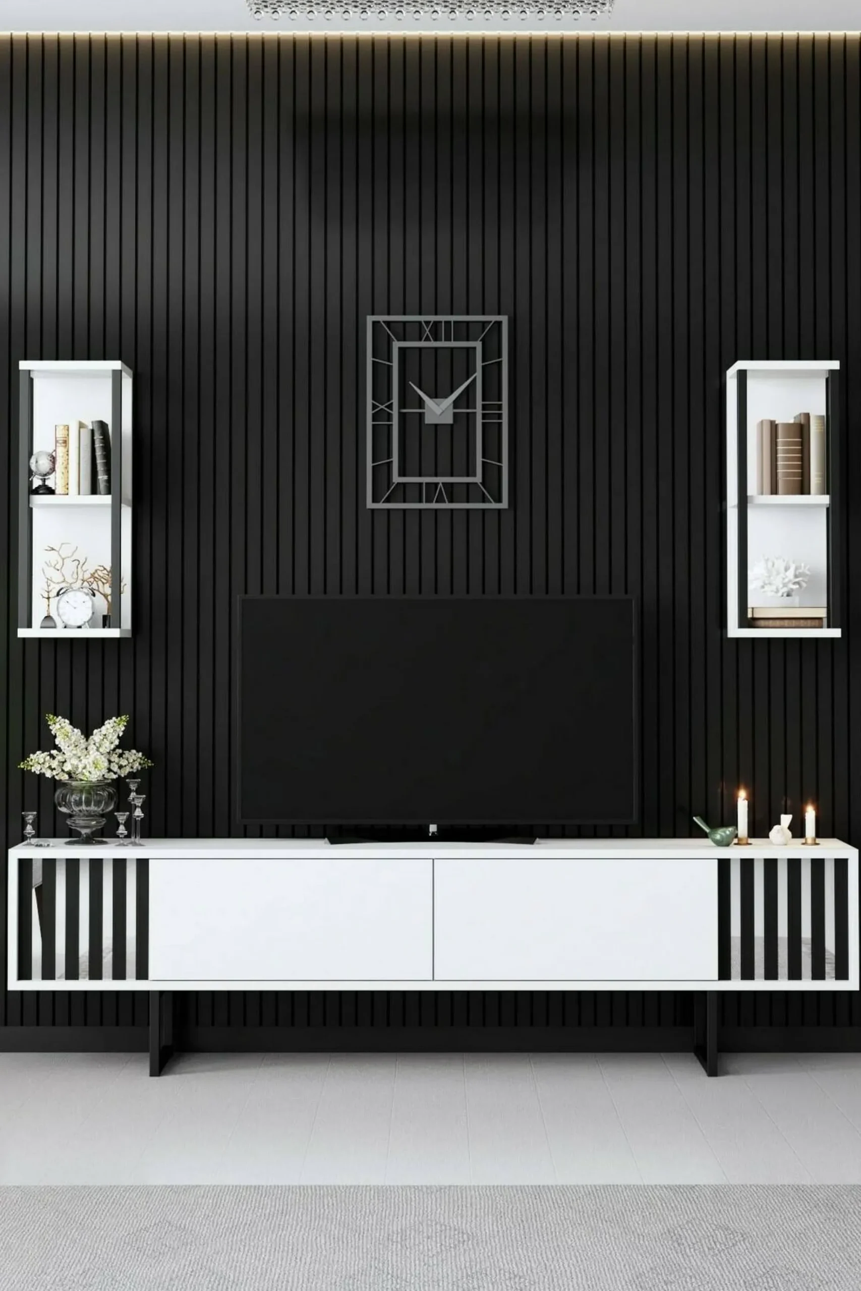 Mobile porta TV Iva, 180x30h48 cm, Bianco e Nero<Dmora Cheap