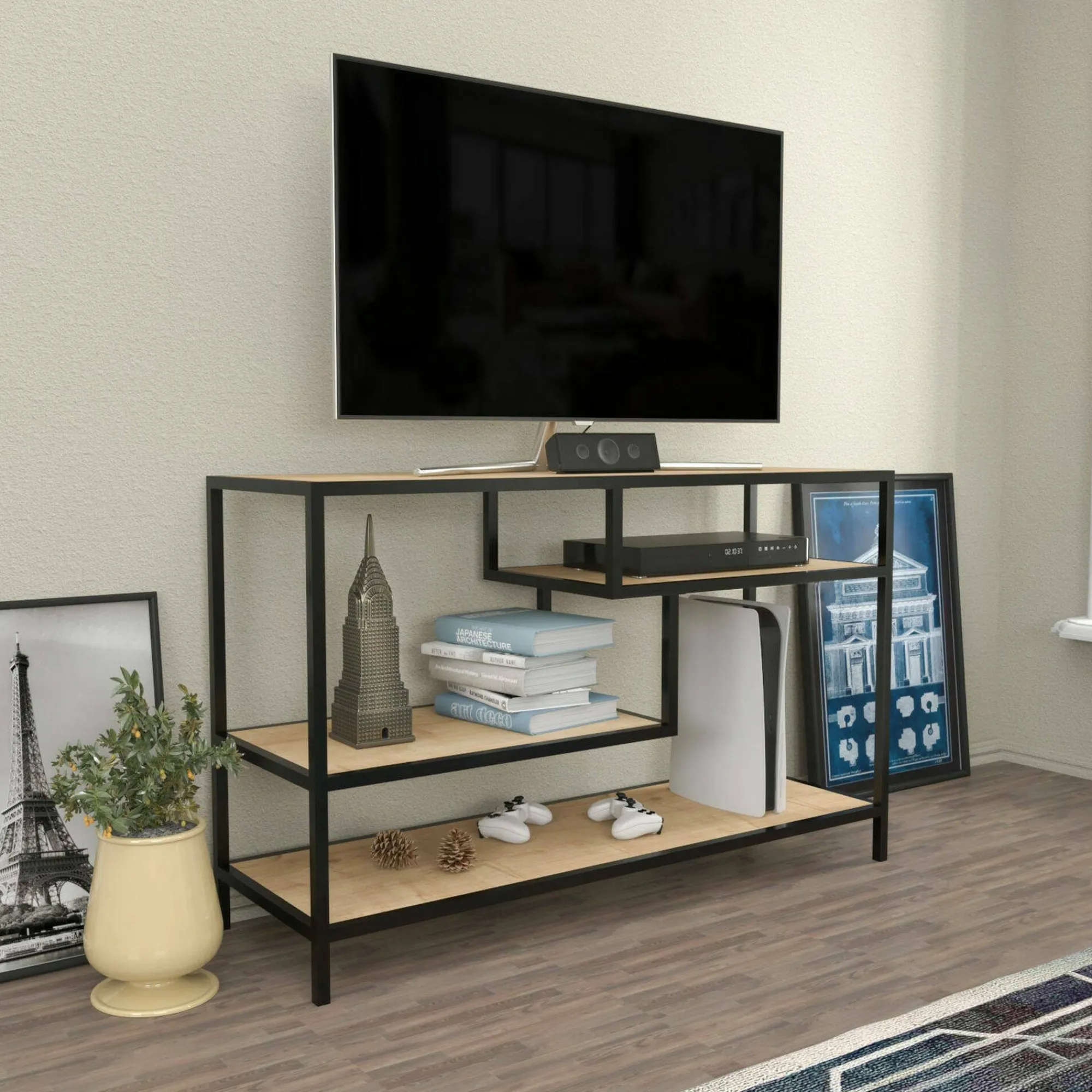 Mobile porta TV Ivette, 120x39h75 cm, Quercia e Nero<Dmora Store