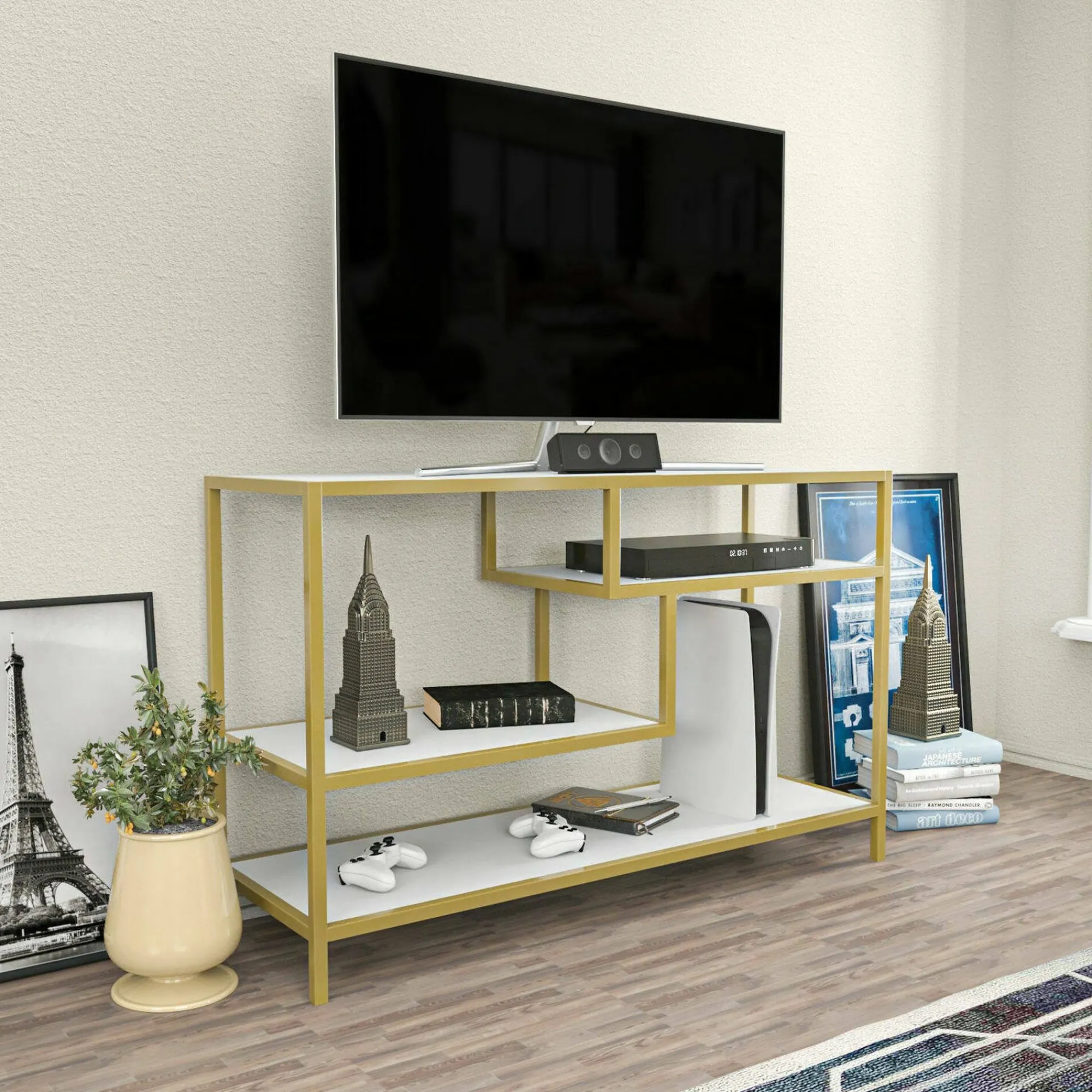 Mobile porta TV Ivette, 120x39h75 cm, Oro e Bianco<Dmora Best Sale