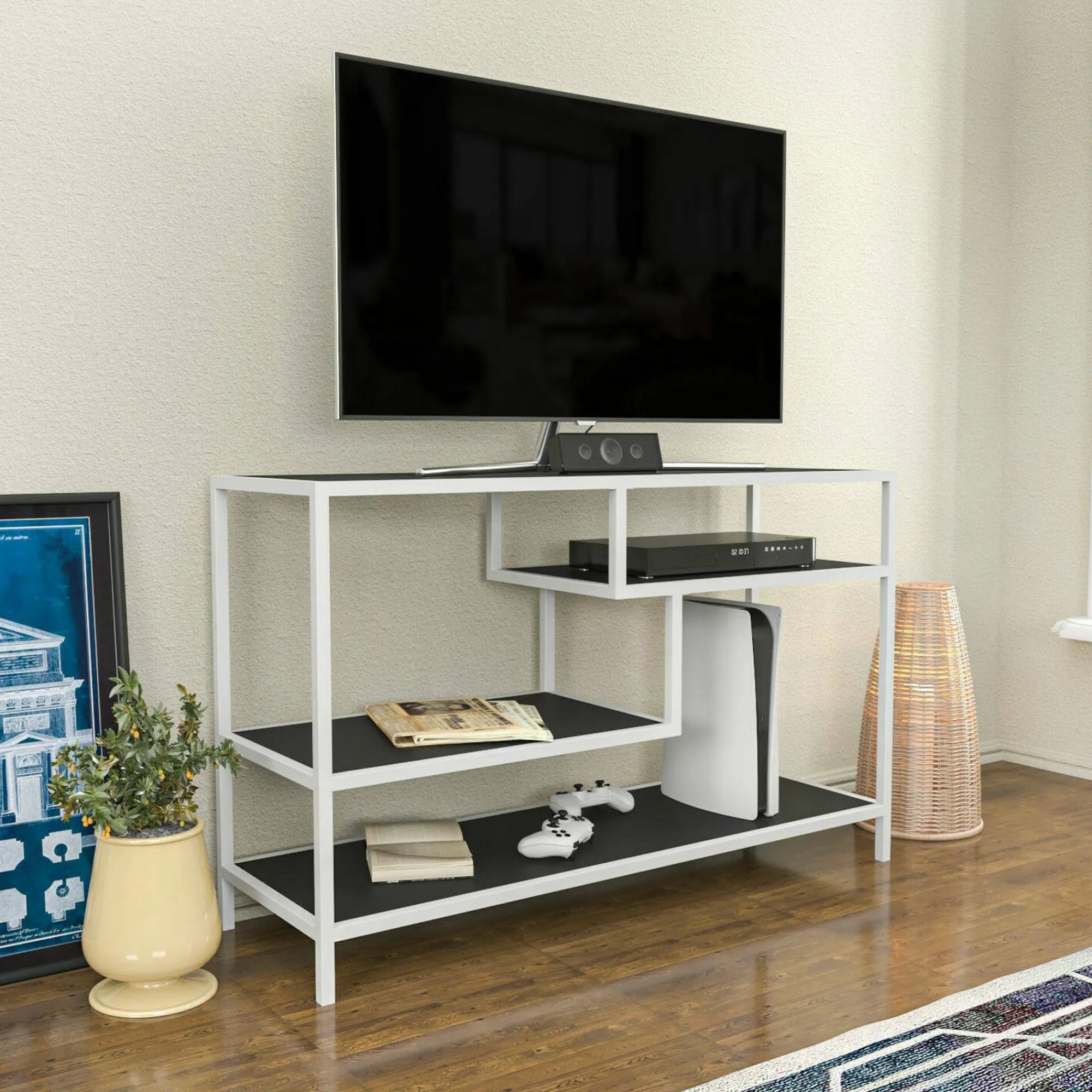 Mobile porta TV Ivette, 120x39h75 cm, Bianco e Antracite<Dmora Outlet