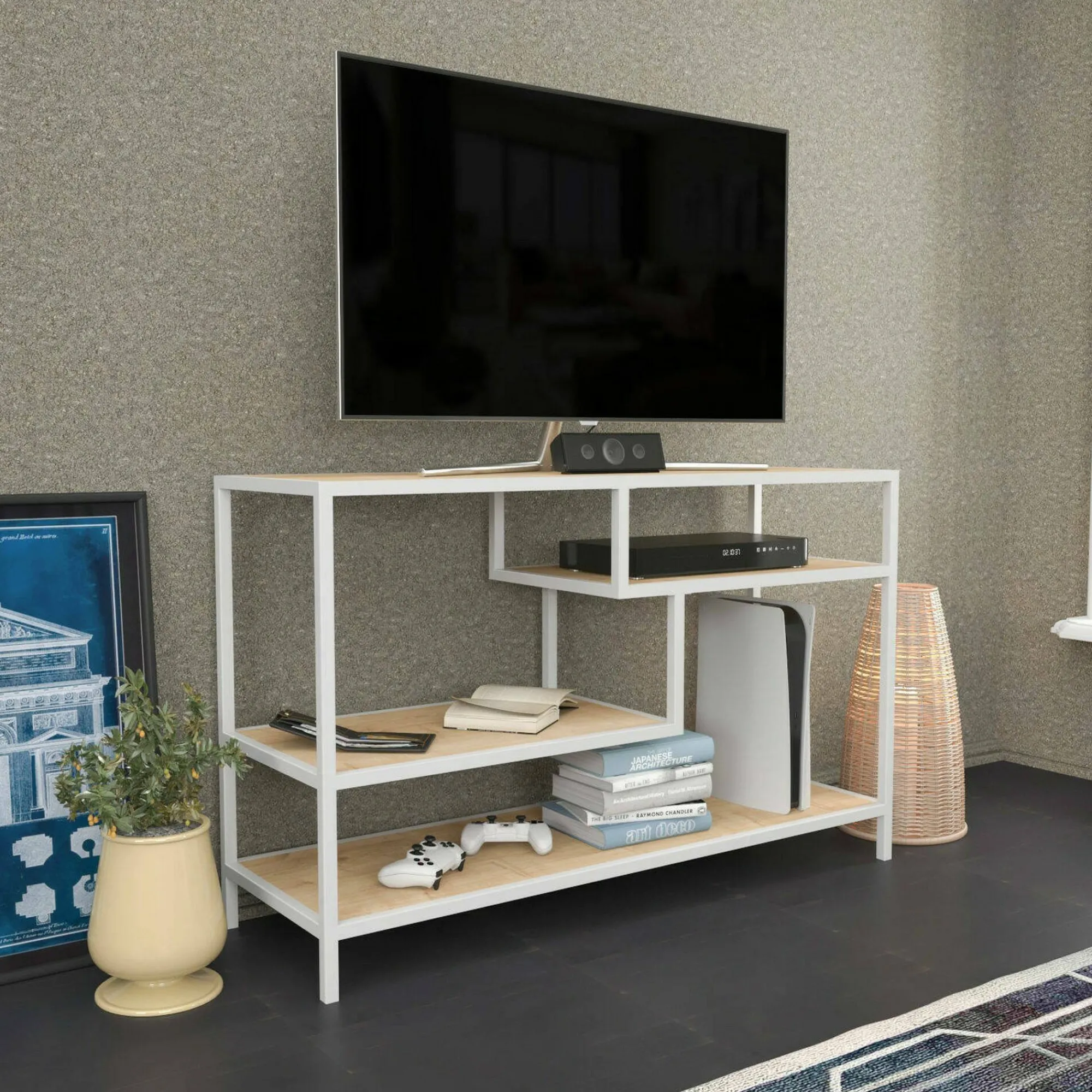 Mobile porta TV Ivette, 120x39h75 cm, Bianco e Rovere<Dmora Store