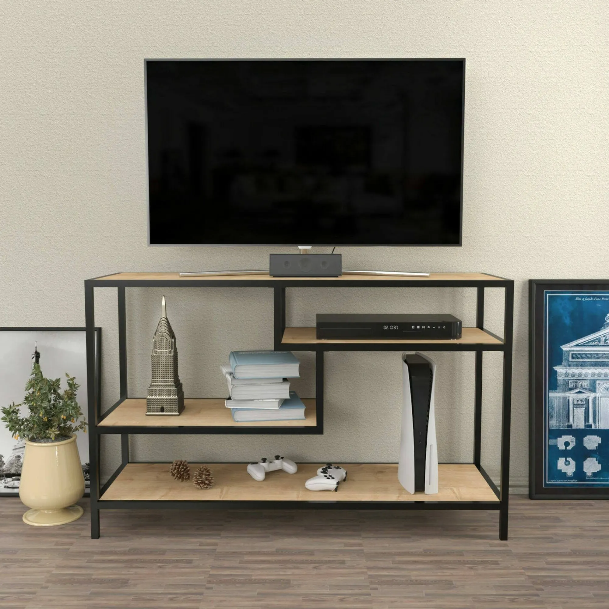 Mobile porta TV Ivette, 120x39h75 cm, Quercia e Nero<Dmora Store