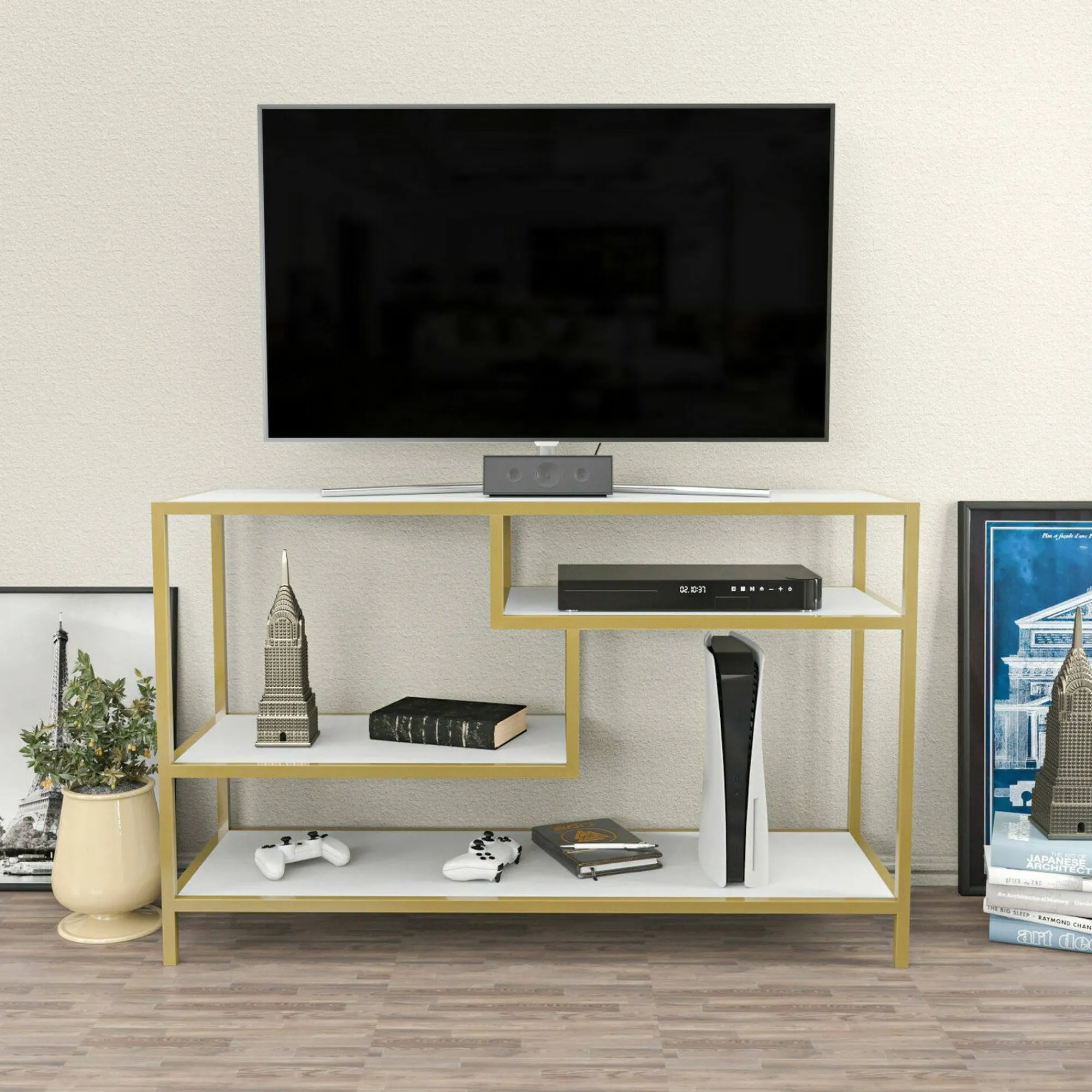 Mobile porta TV Ivette, 120x39h75 cm, Oro e Bianco<Dmora Best Sale