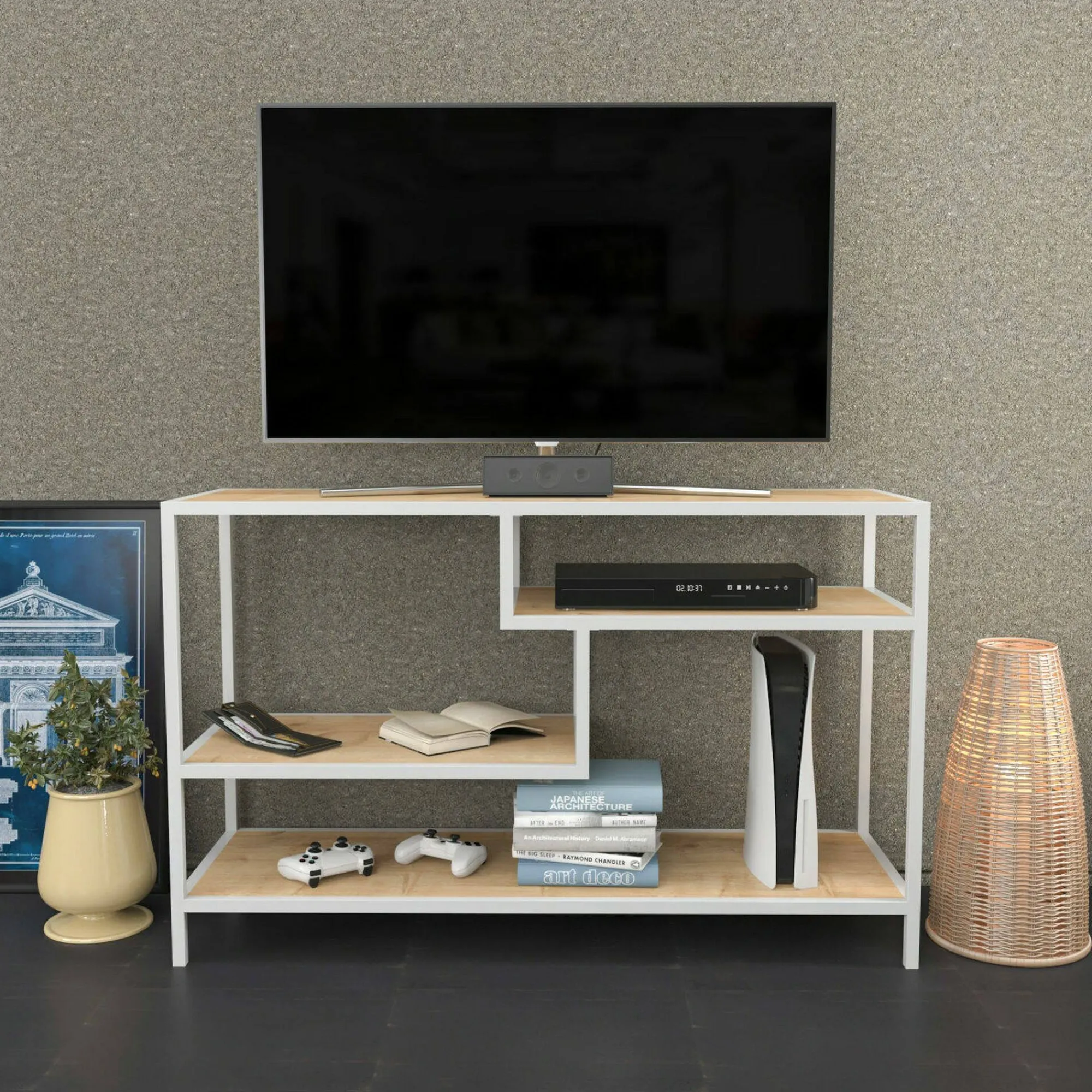 Mobile porta TV Ivette, 120x39h75 cm, Bianco e Rovere<Dmora Store
