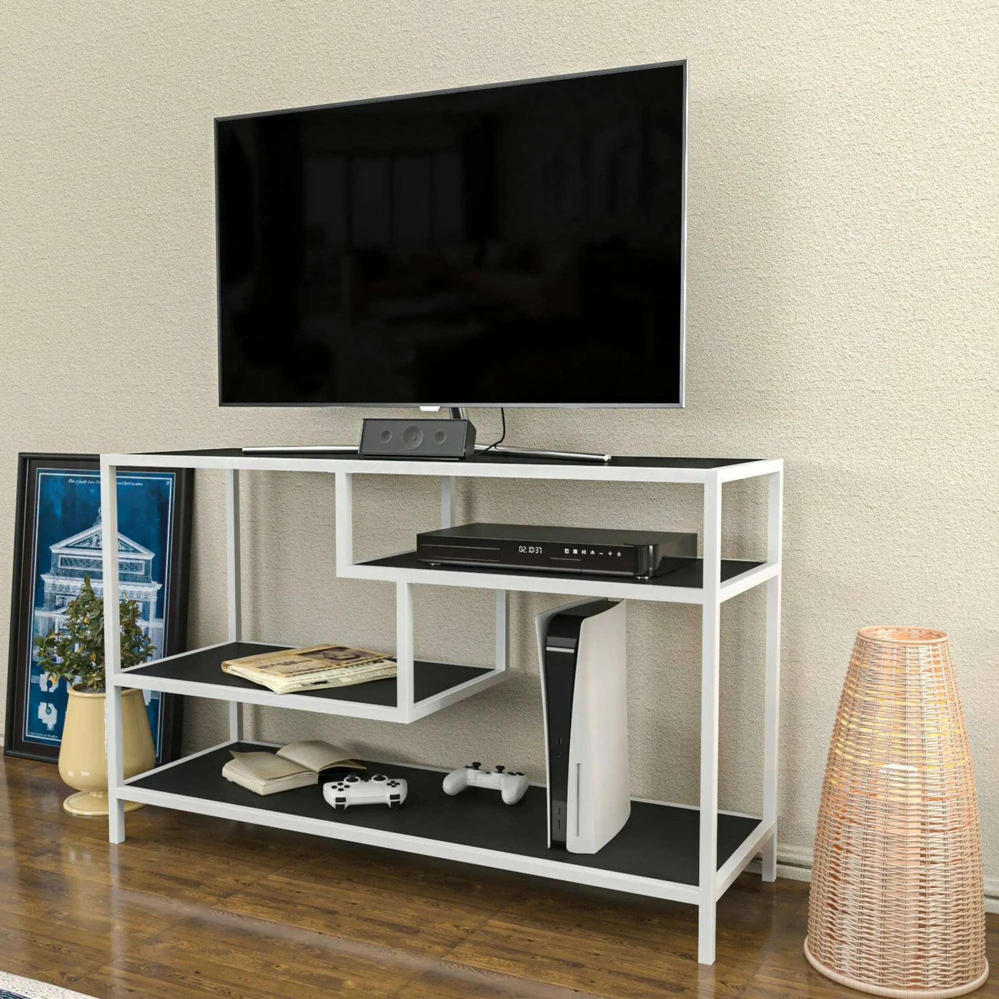 Mobile porta TV Ivette, 120x39h75 cm, Bianco e Antracite<Dmora Outlet