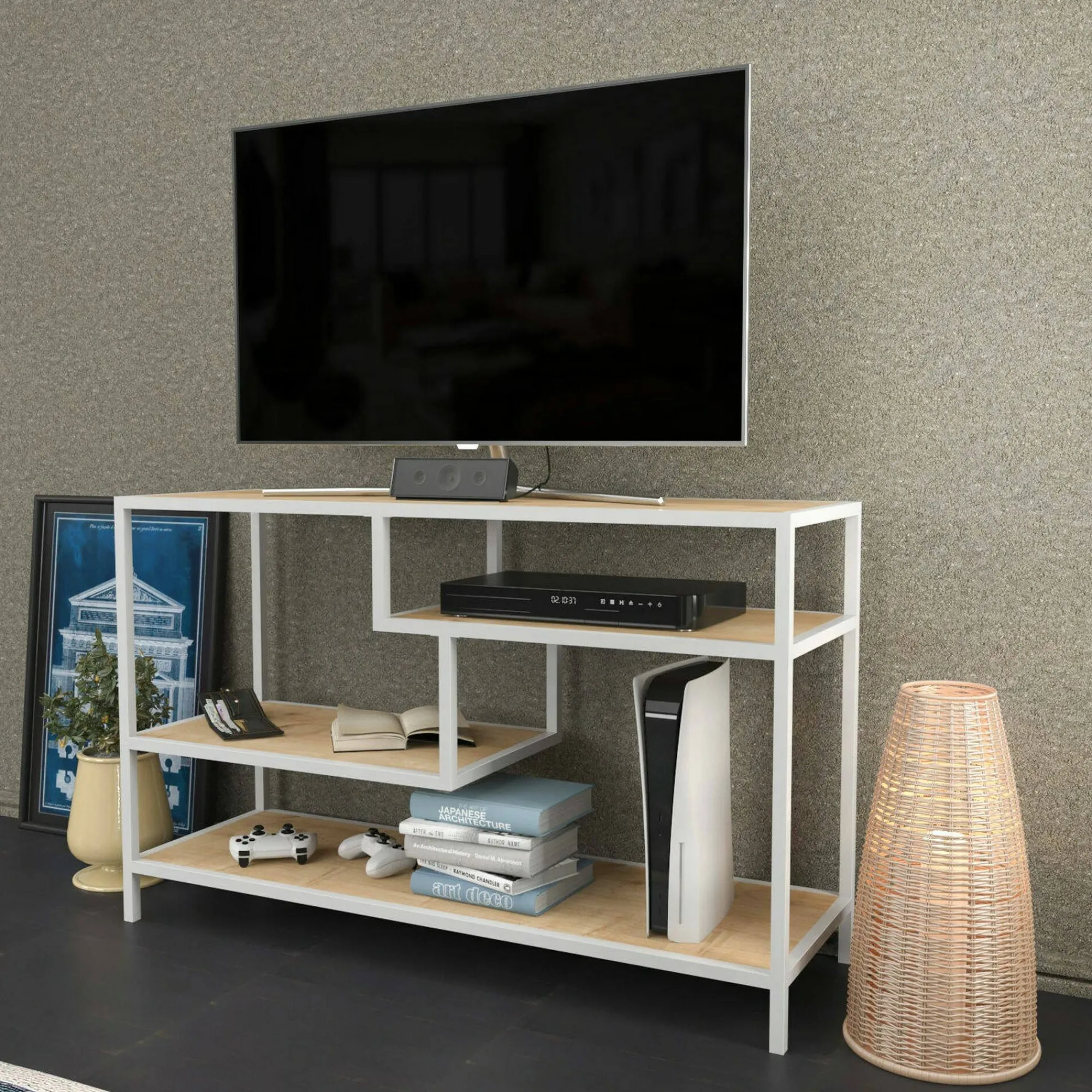 Mobile porta TV Ivette, 120x39h75 cm, Bianco e Rovere<Dmora Store