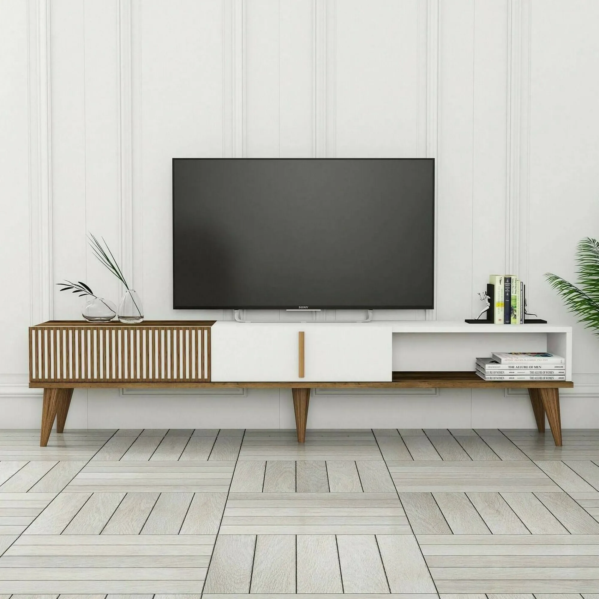 Mobile porta TV Jakuchu, 180x35h40 cm, Noce e Bianco<Dmora Fashion