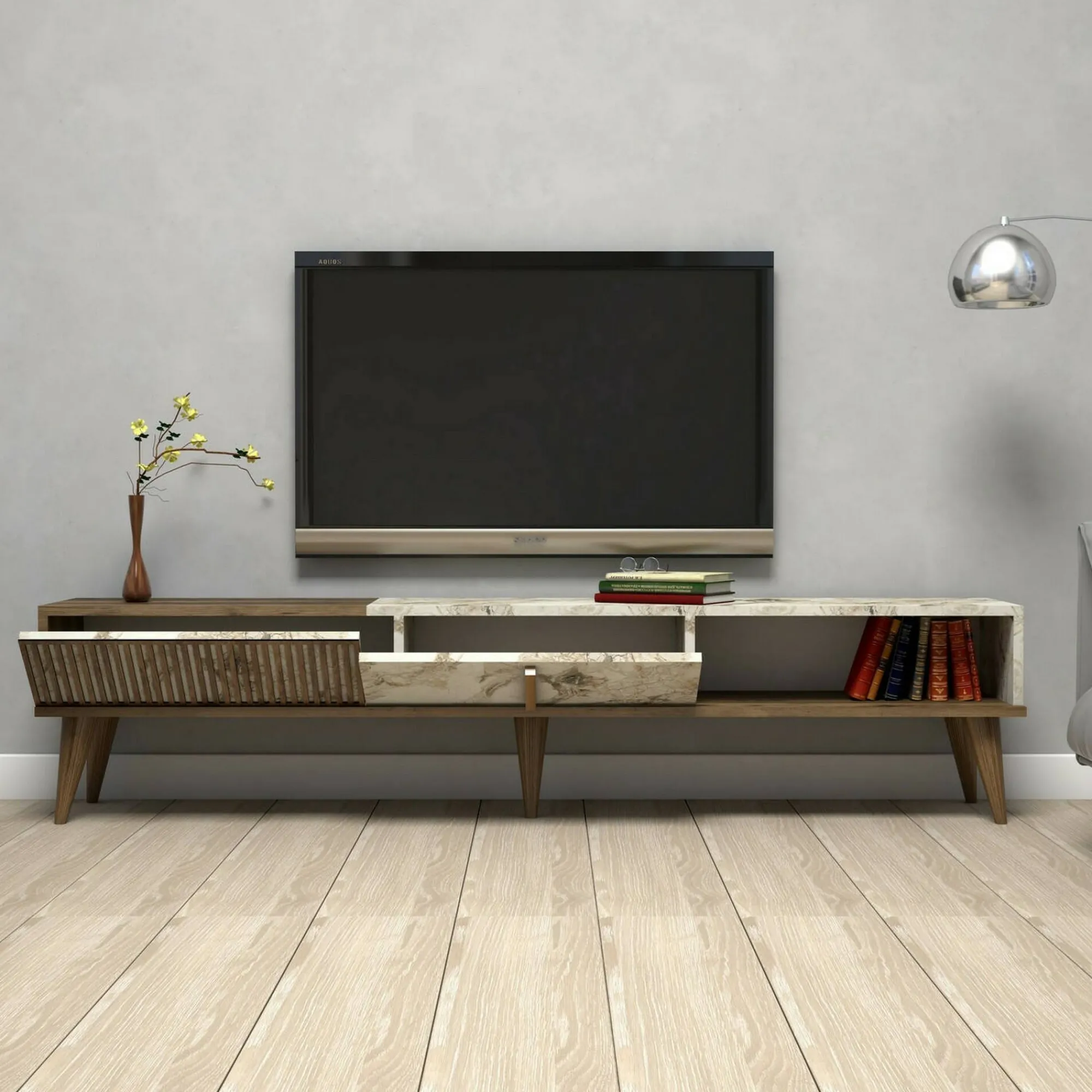 Mobile porta TV Jakuchu, 180x35h40 cm, Noce e Bianco<Dmora Outlet