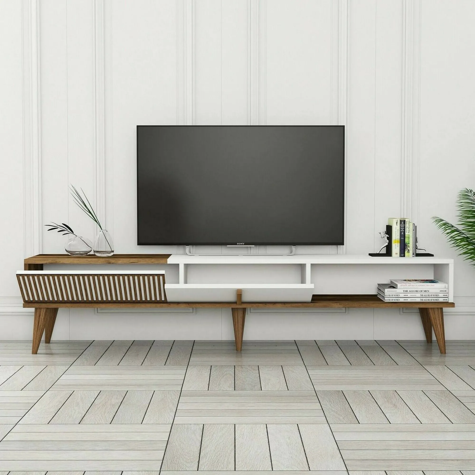 Mobile porta TV Jakuchu, 180x35h40 cm, Noce e Bianco<Dmora Fashion
