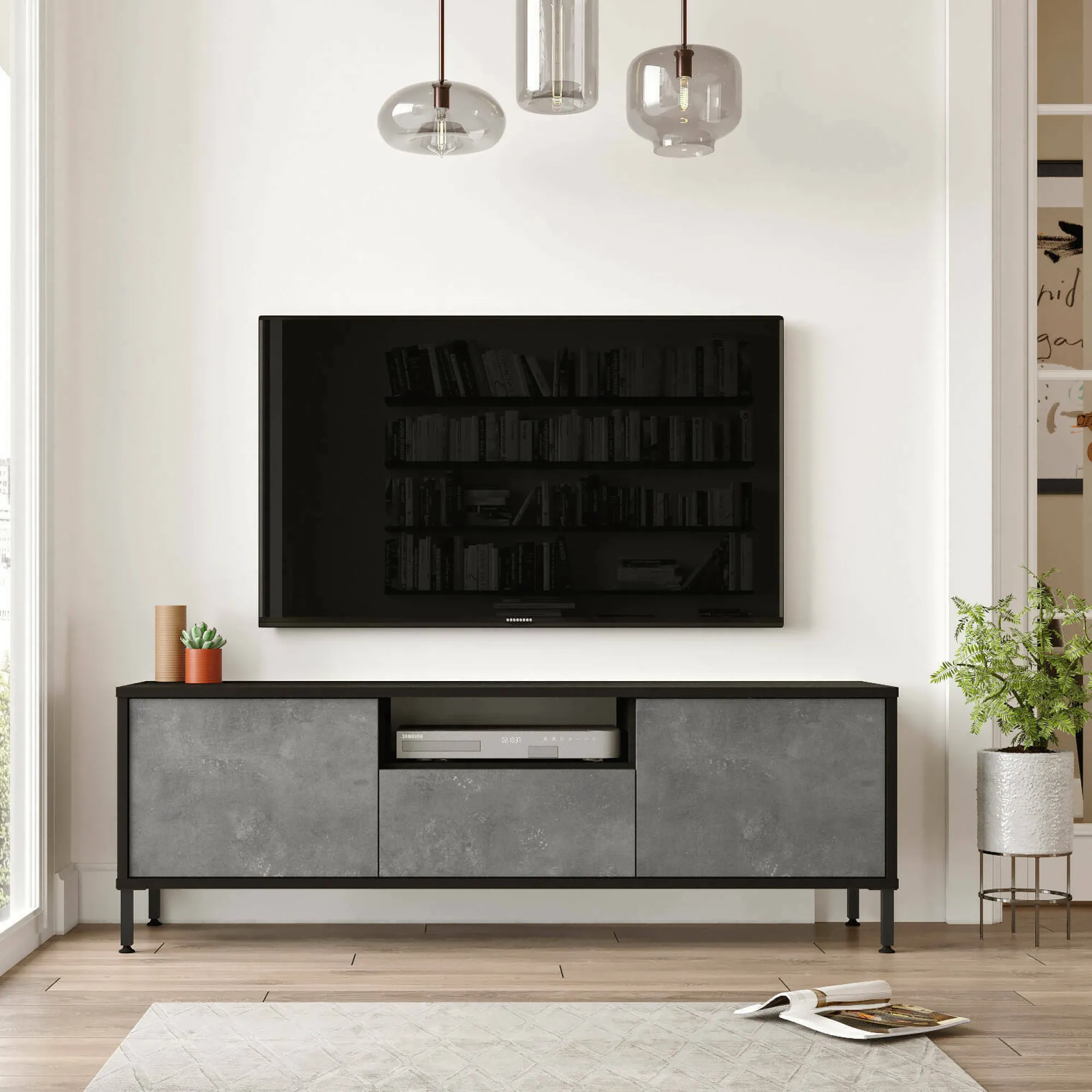 Mobile porta TV Khagan, 140x36 h46 cm, Argento e Nero<Dmora Shop