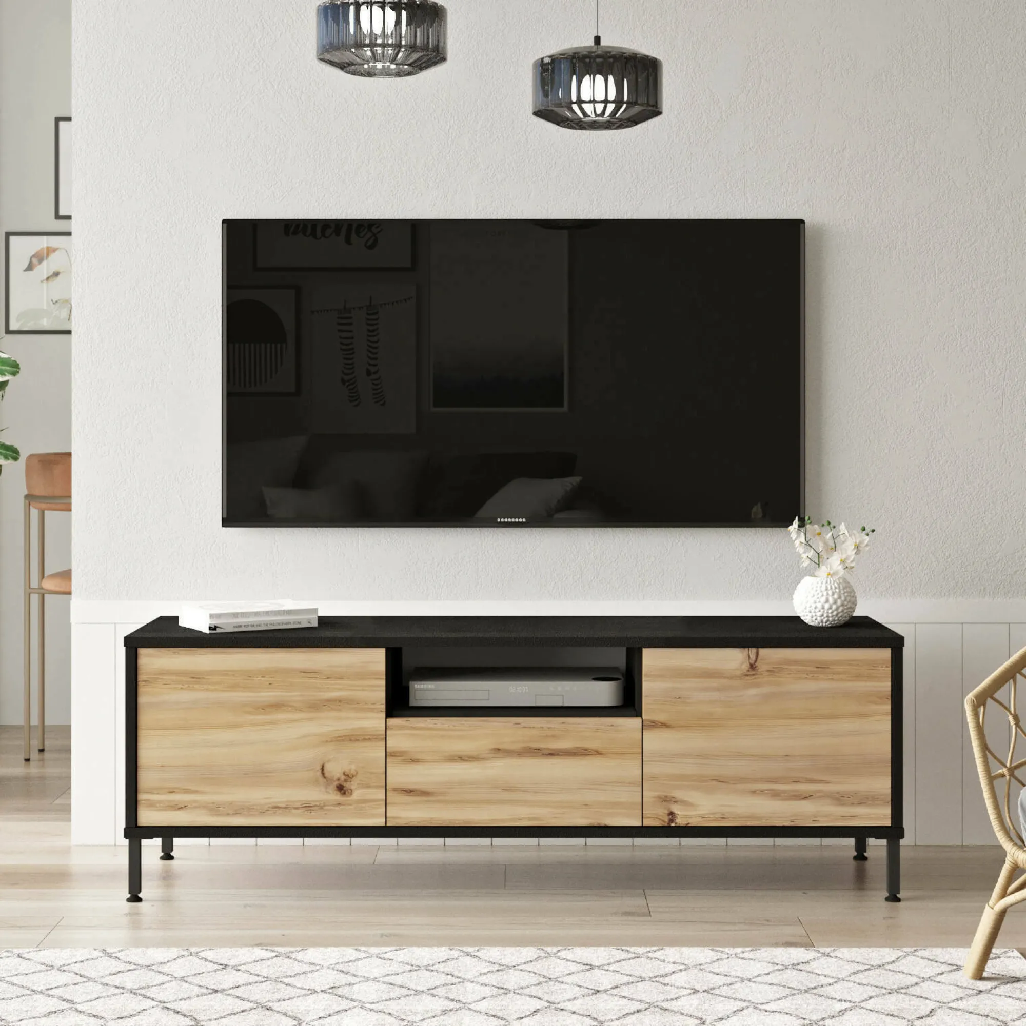 Mobile porta TV Khagan, 140x36 h46 cm, Quercia e Nero<Dmora Best