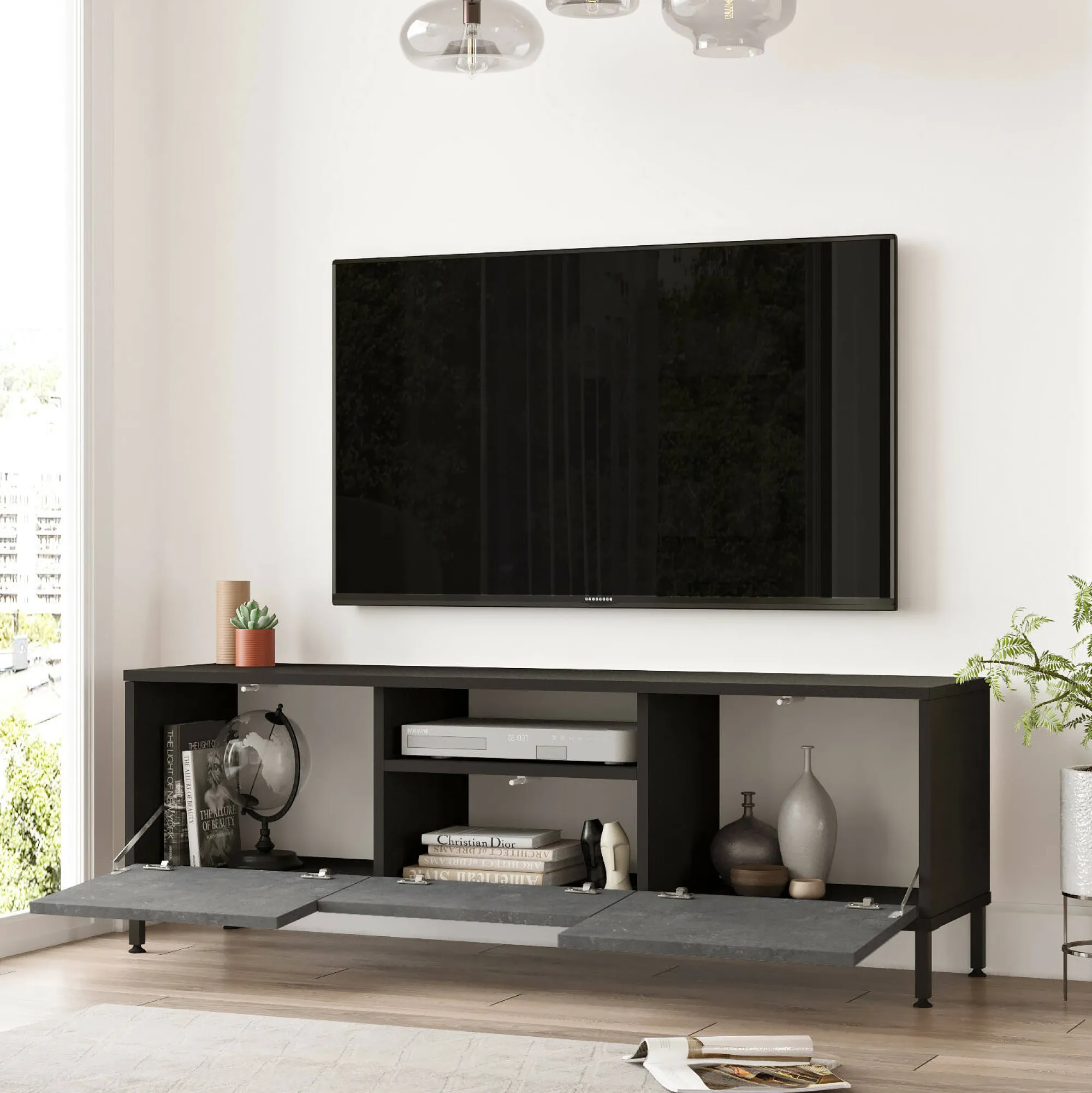 Mobile porta TV Khagan, 140x36 h46 cm, Argento e Nero<Dmora Shop