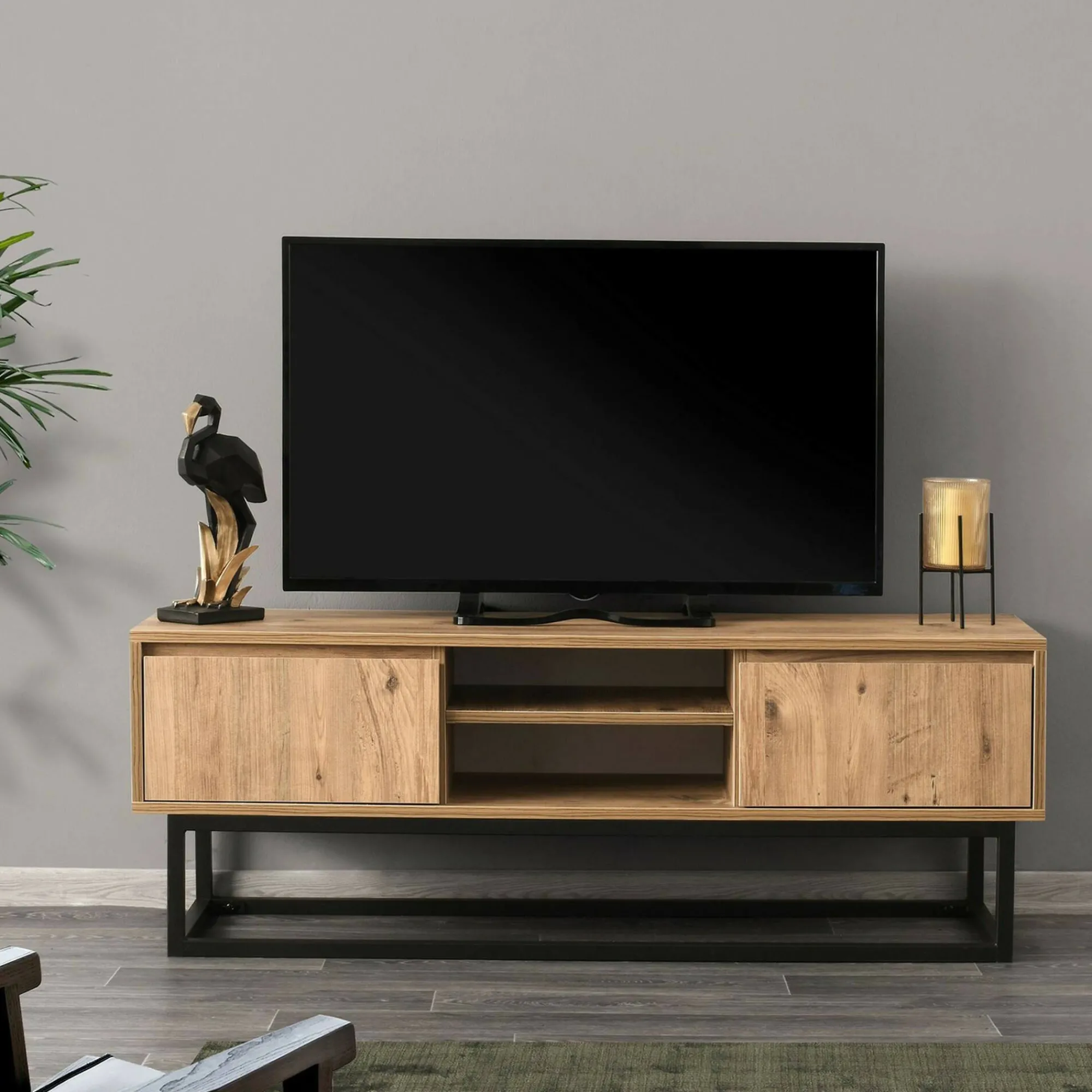 Mobile porta TV Kira, Nero e Quercia, 140x40h50 cm<Dmora Sale