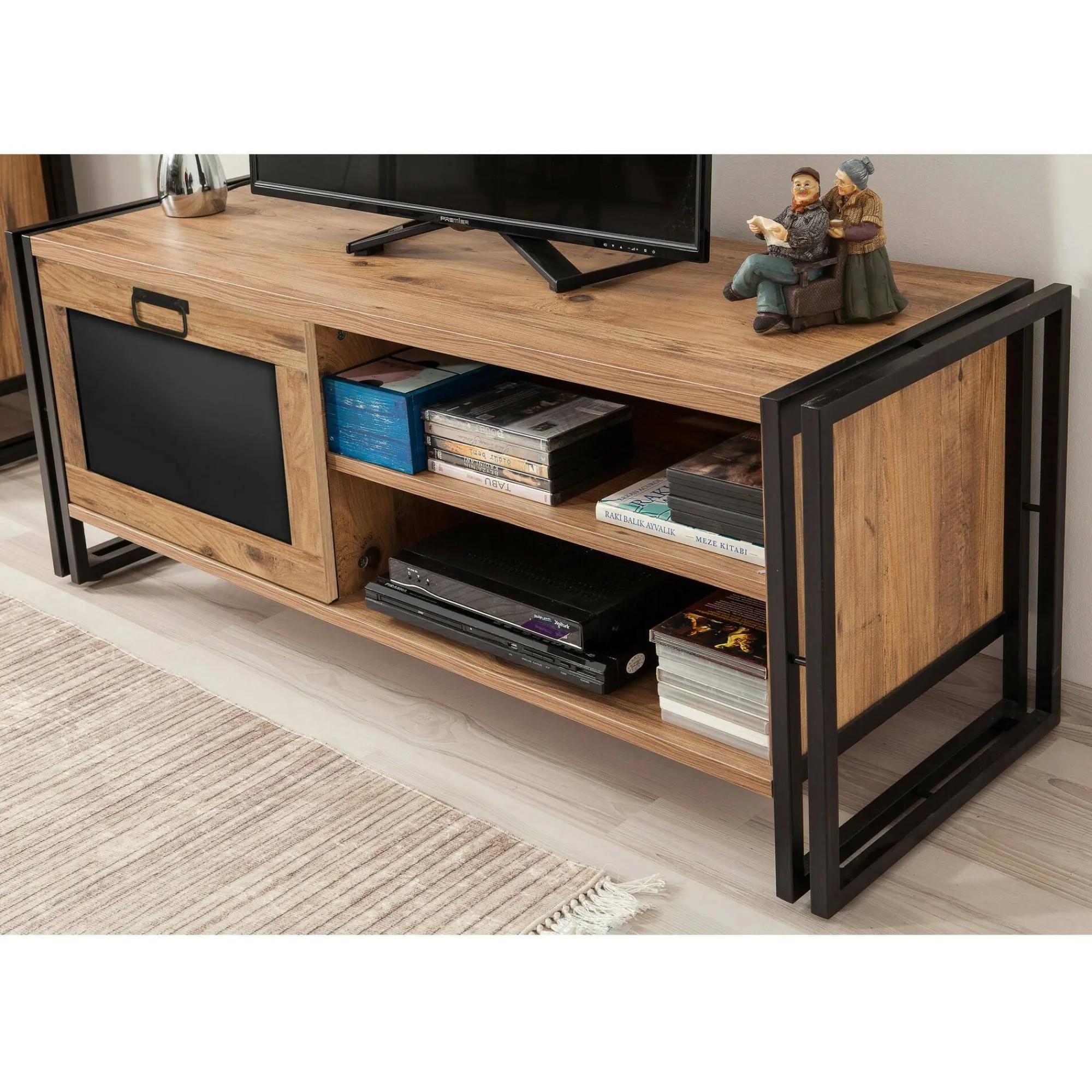Mobile porta TV Luban, Quercia e Nero, 130x45h50 cm<Dmora Outlet